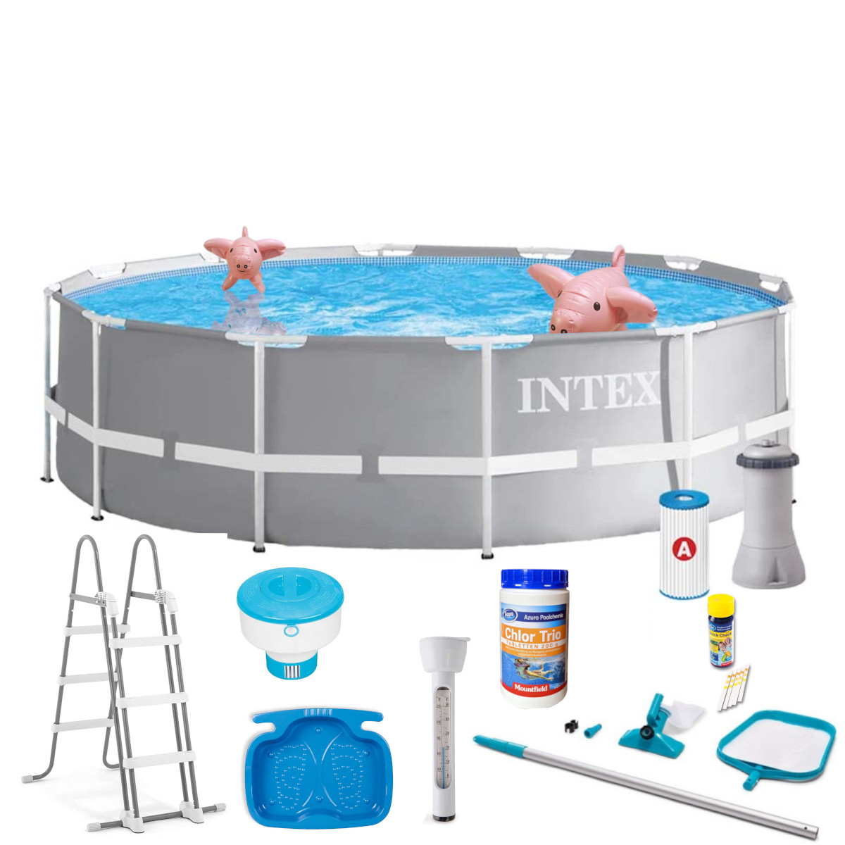Pool Frame + INTEX umfangreiches 366x99cm Filterpumpe Swimmingpool, inkl. Zubehör Prism und grau Leiter