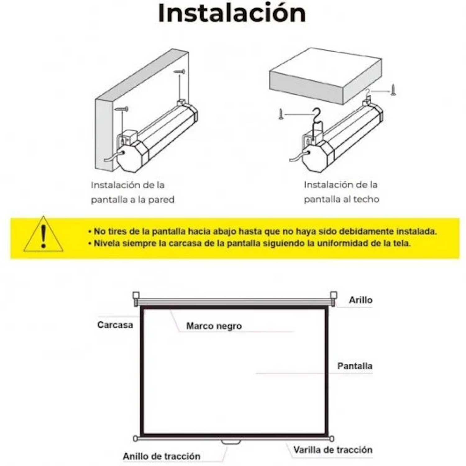 Diagrama que muestra instrucciones para instalar una pantalla de proyección. Texto en español describe opciones.