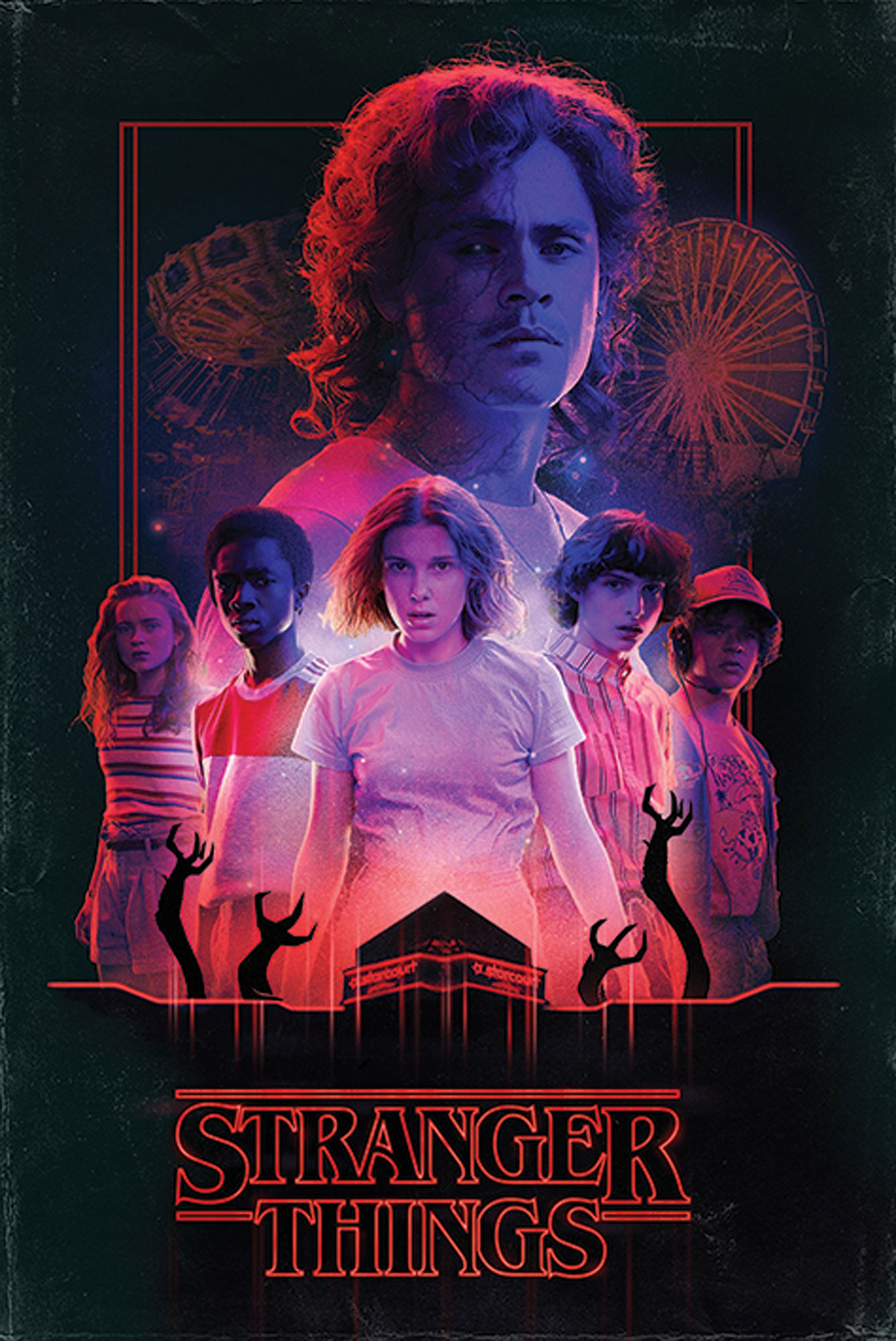 Stranger Things Poster. Figuren stehen vor einem Gebäude mit dem Titel der Show am unteren Rand.