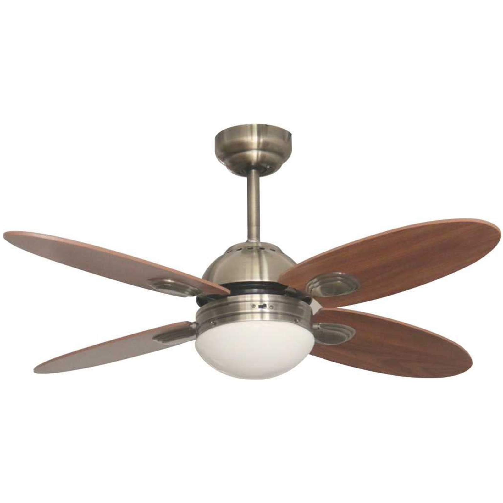 Ventilatore a soffitto con quattro pale in legno, motore argento e luce bianca.