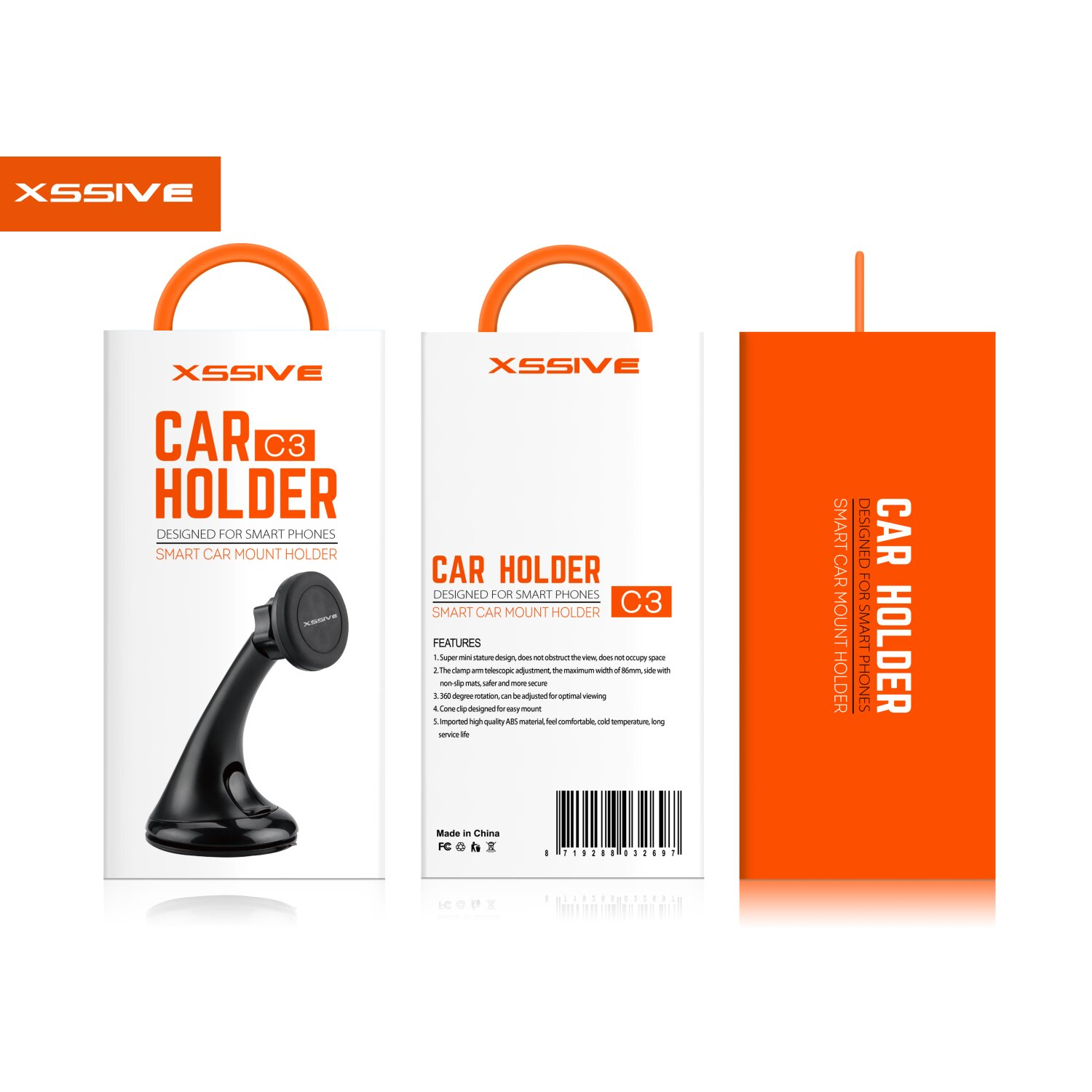 Drei Produktdesign-Verpackungen. Eine weiß, zwei orange, alle mit Markennamen und Produktbeschreibung.