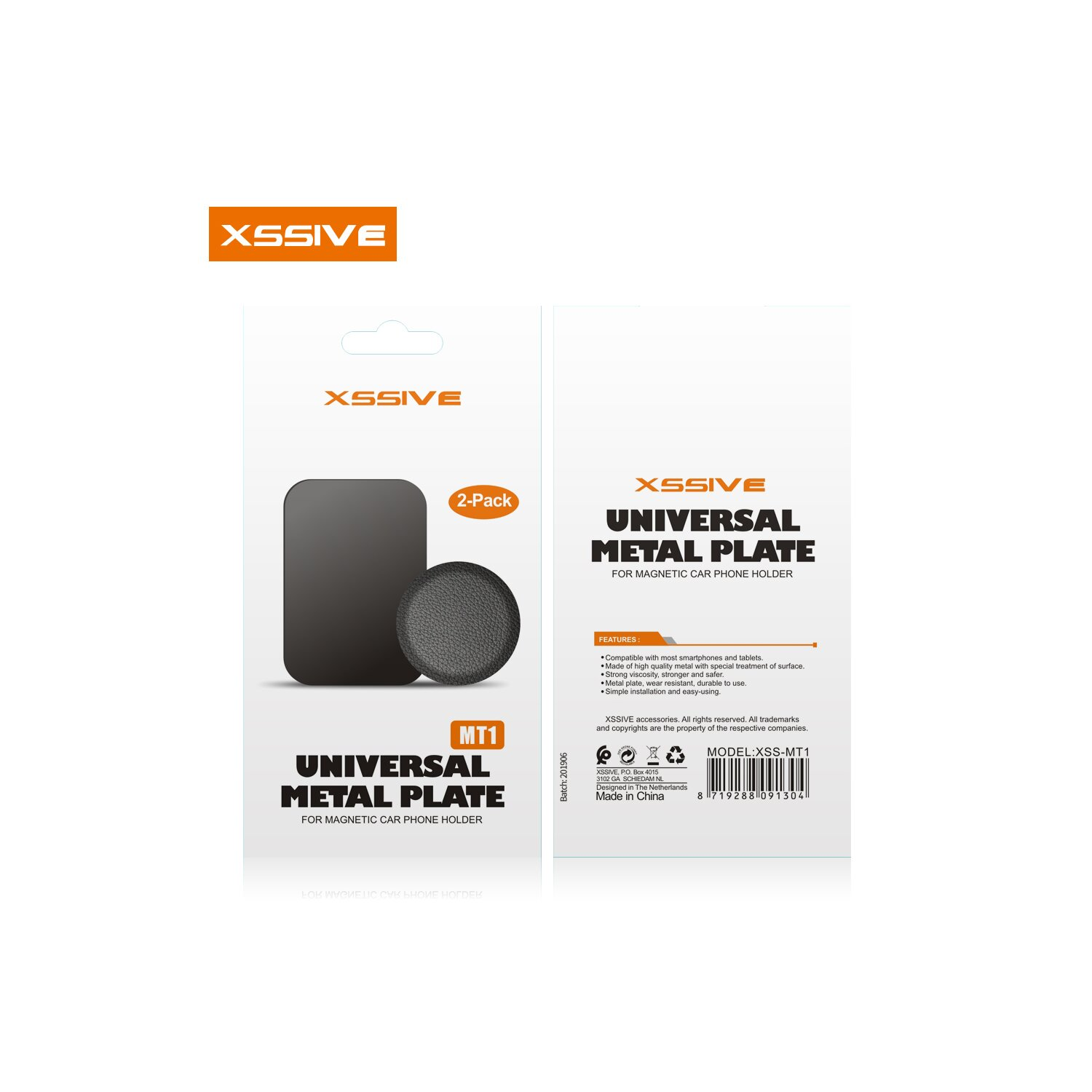 Eine Produktverpackung mit zwei schwarzen Metallplatten und Text für eine magnetische Autotelefonhalterung.