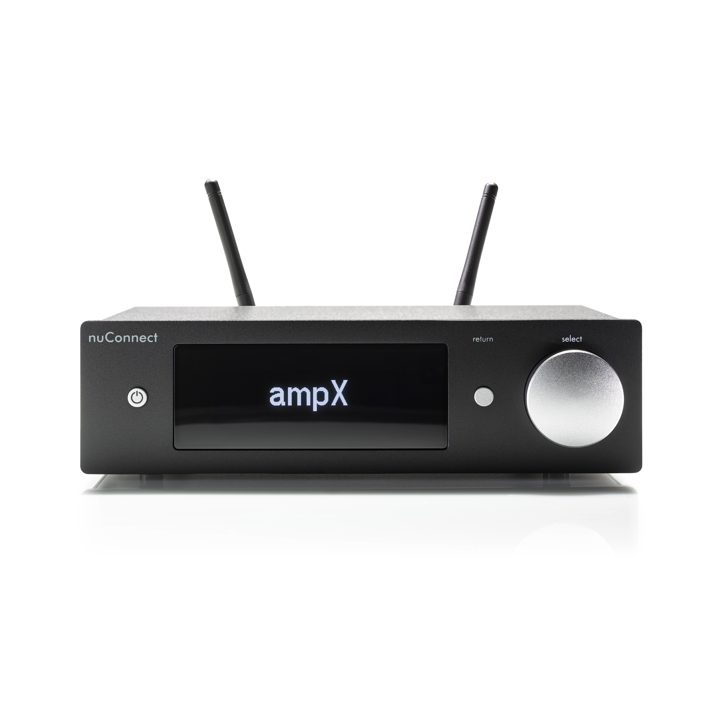 Schwarzer Audio-Receiver mit Antennen, Display mit 'ampX' und silbernem Drehregler. Weißer Hintergrund.