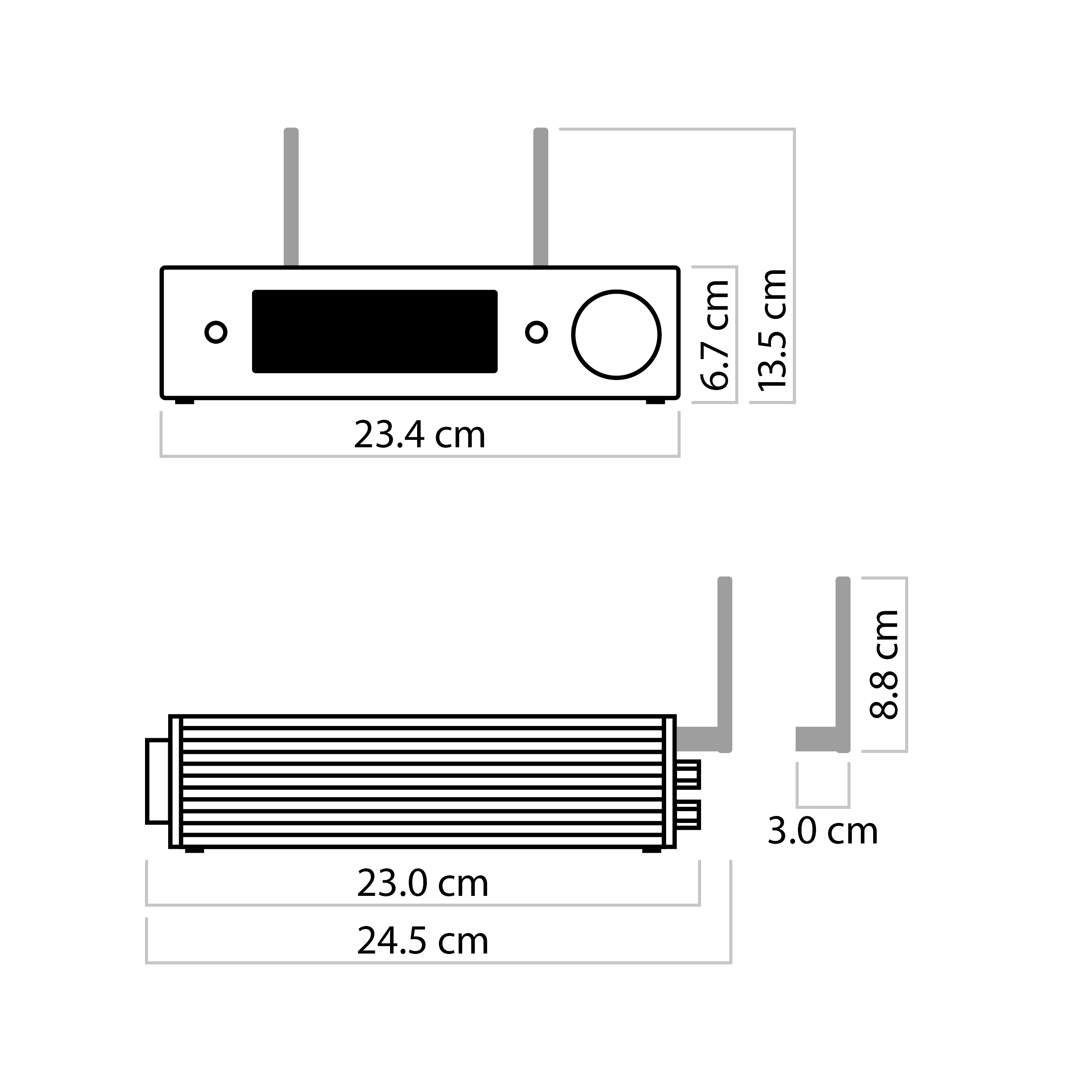 Diagramm eines Geräts. Zwei Teile des Geräts sind mit Maßangaben in Zentimetern dargestellt.