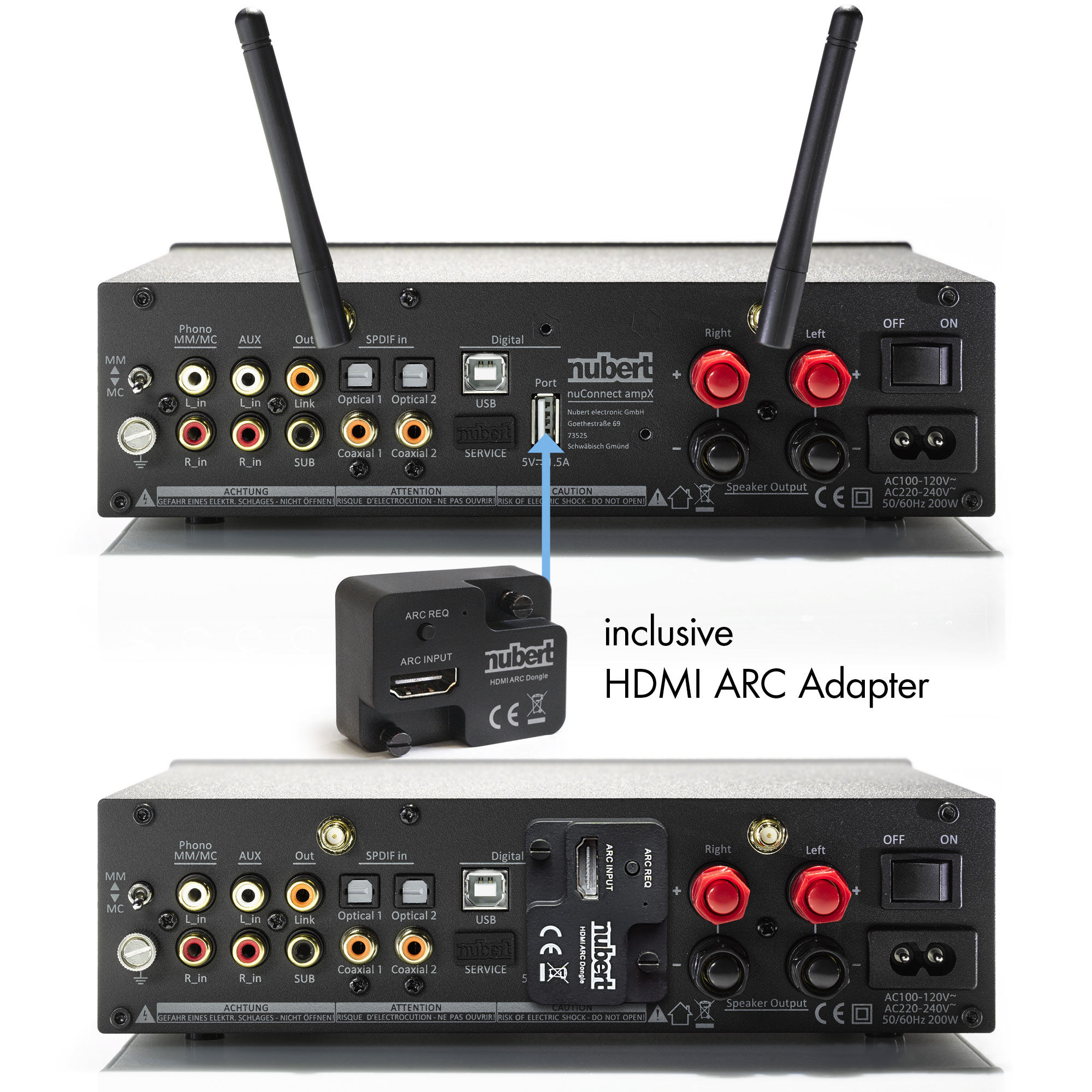 Zwei Bilder eines schwarzen Audiogeräts mit mehreren Anschlussports und einem separaten HDMI ARC-Adapter.