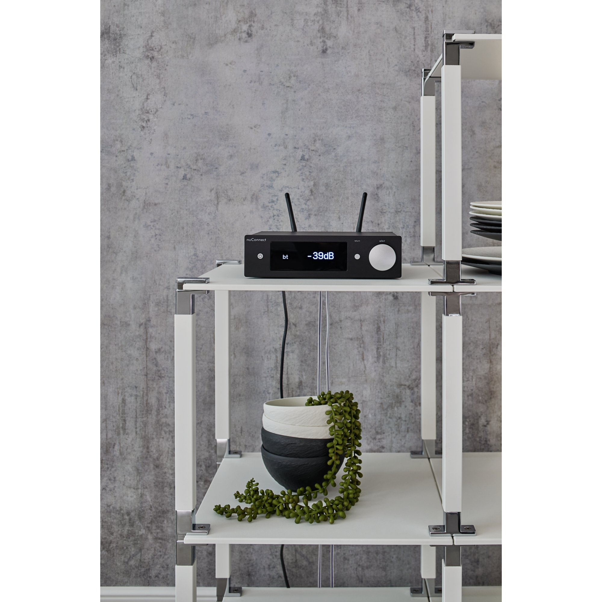 Ein schwarzer Audio-Receiver auf einem weißen Regal. Im Hintergrund eine Pflanze und eine Betonwand.
