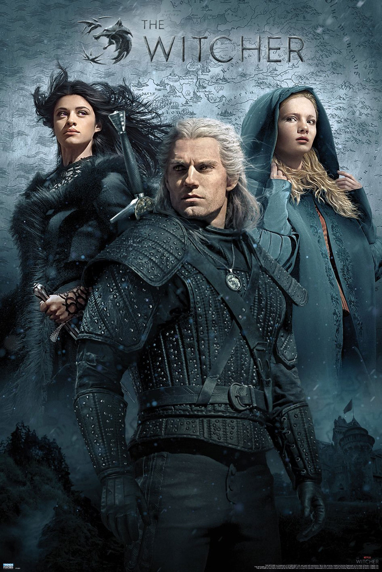 Poster der Serie The Witcher mit drei Charakteren. Geralt in der Mitte, Yennefer links und Ciri rechts.