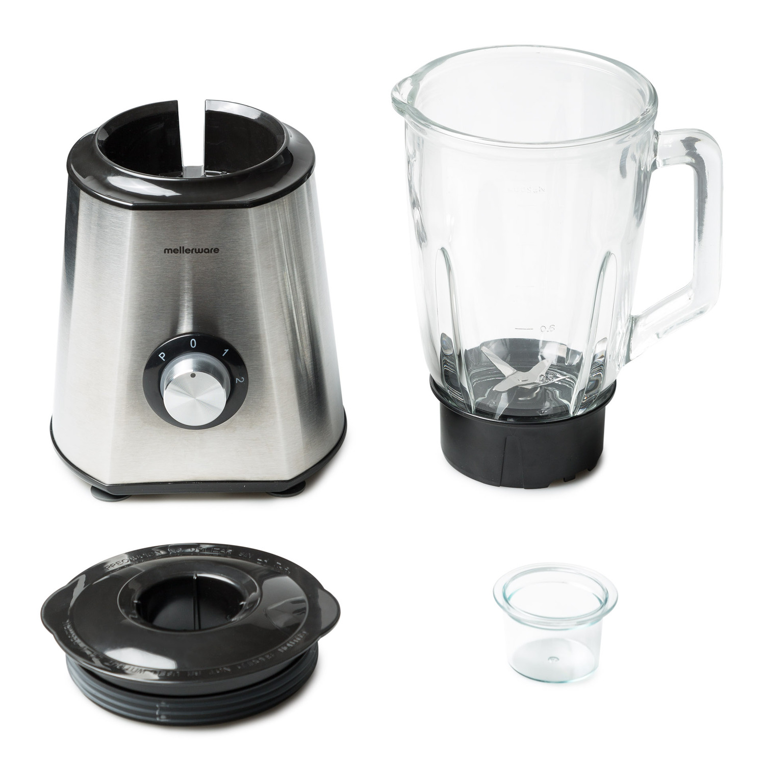 Piezas de licuadora: base, jarra con cuchillas, tapa y vaso pequeño de vidrio, todo sobre fondo blanco.
