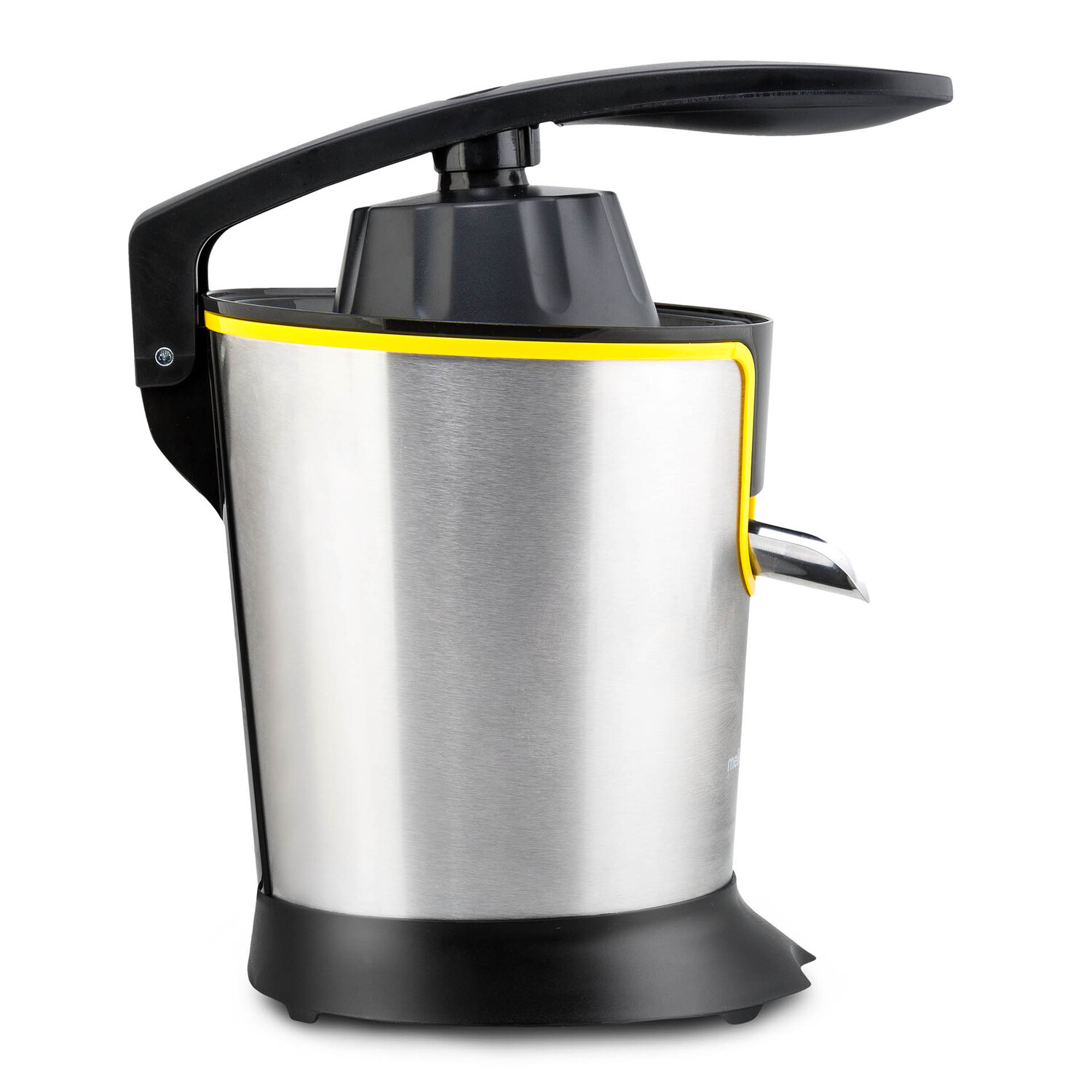 Exprimidor eléctrico plateado y negro con acento amarillo y asa negra.