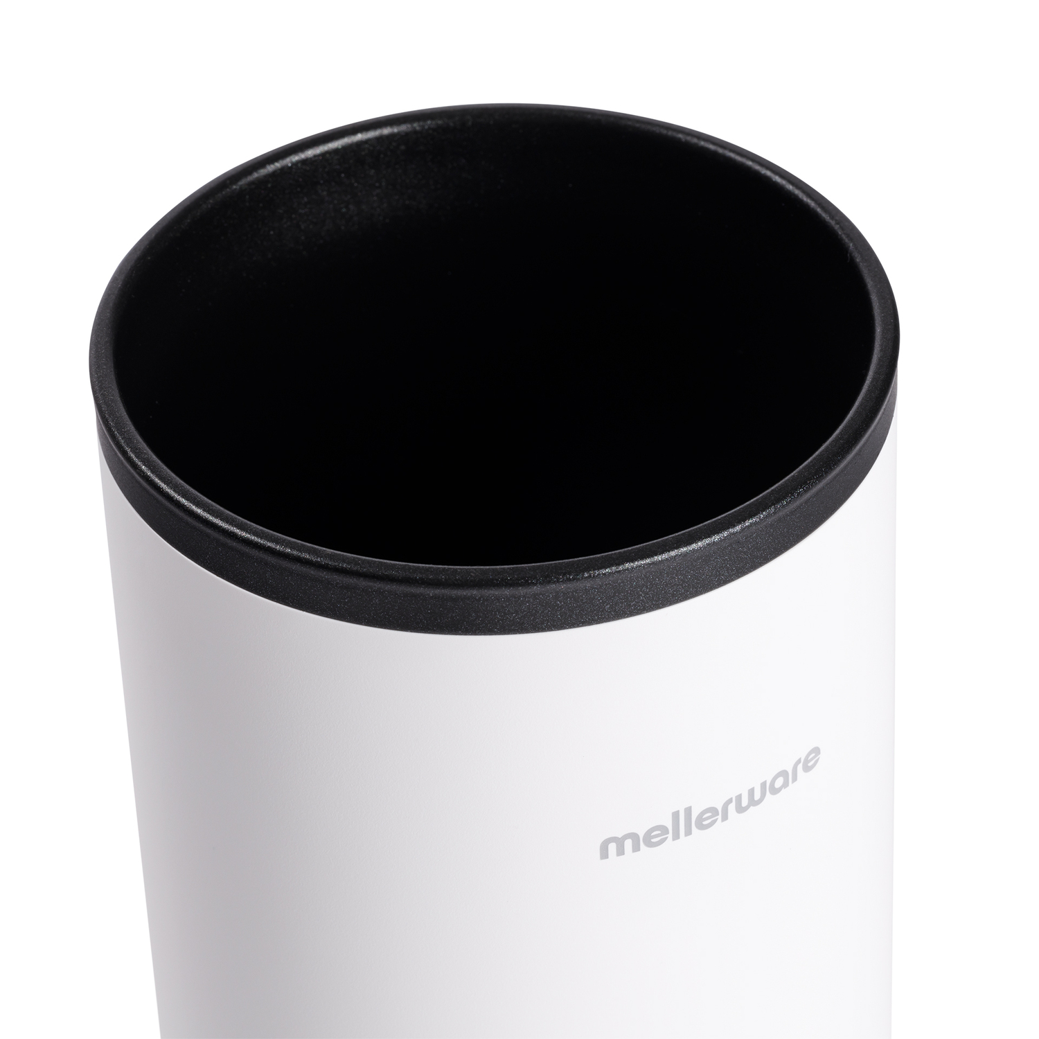 Portacuchillos blanco y negro. La parte superior es negra, y el cuerpo es blanco con el logo de mellerware.