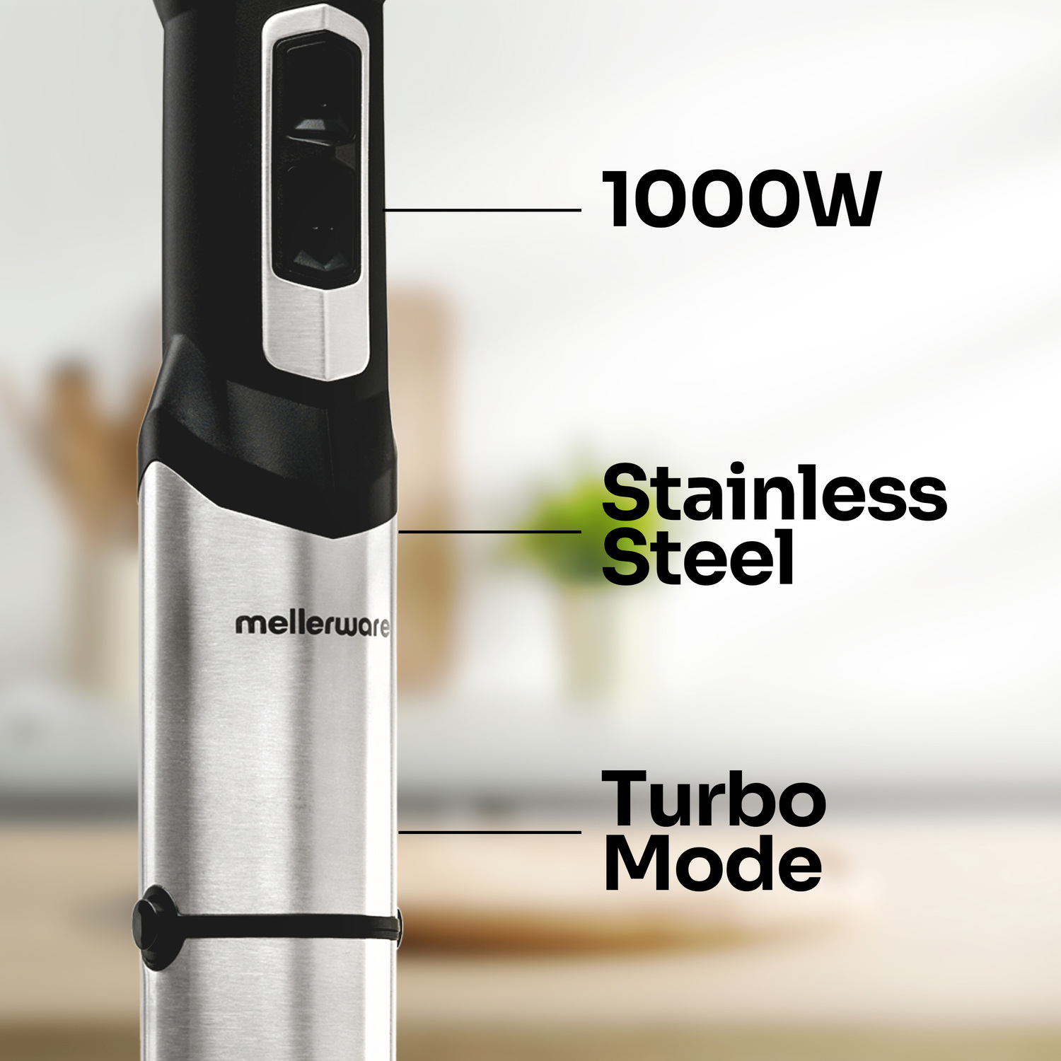 Primo piano di un frullatore a immersione in acciaio inossidabile e nero. Il testo mostra '1000W', 'Acciaio inossidabile', 'Modalità Turbo'.
