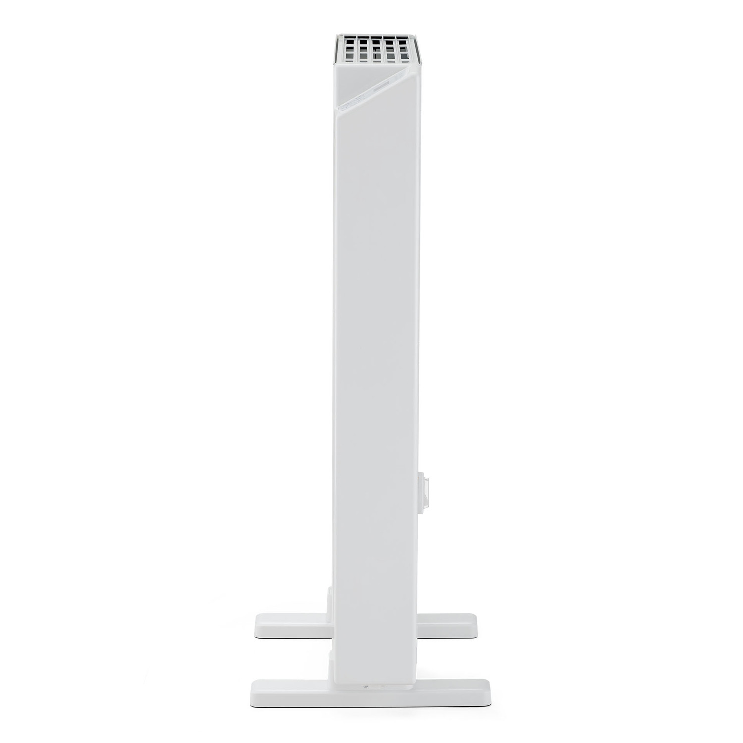 Un calefactor eléctrico blanco y alto se encuentra en posición vertical, con forma rectangular y dos pies para estabilidad.