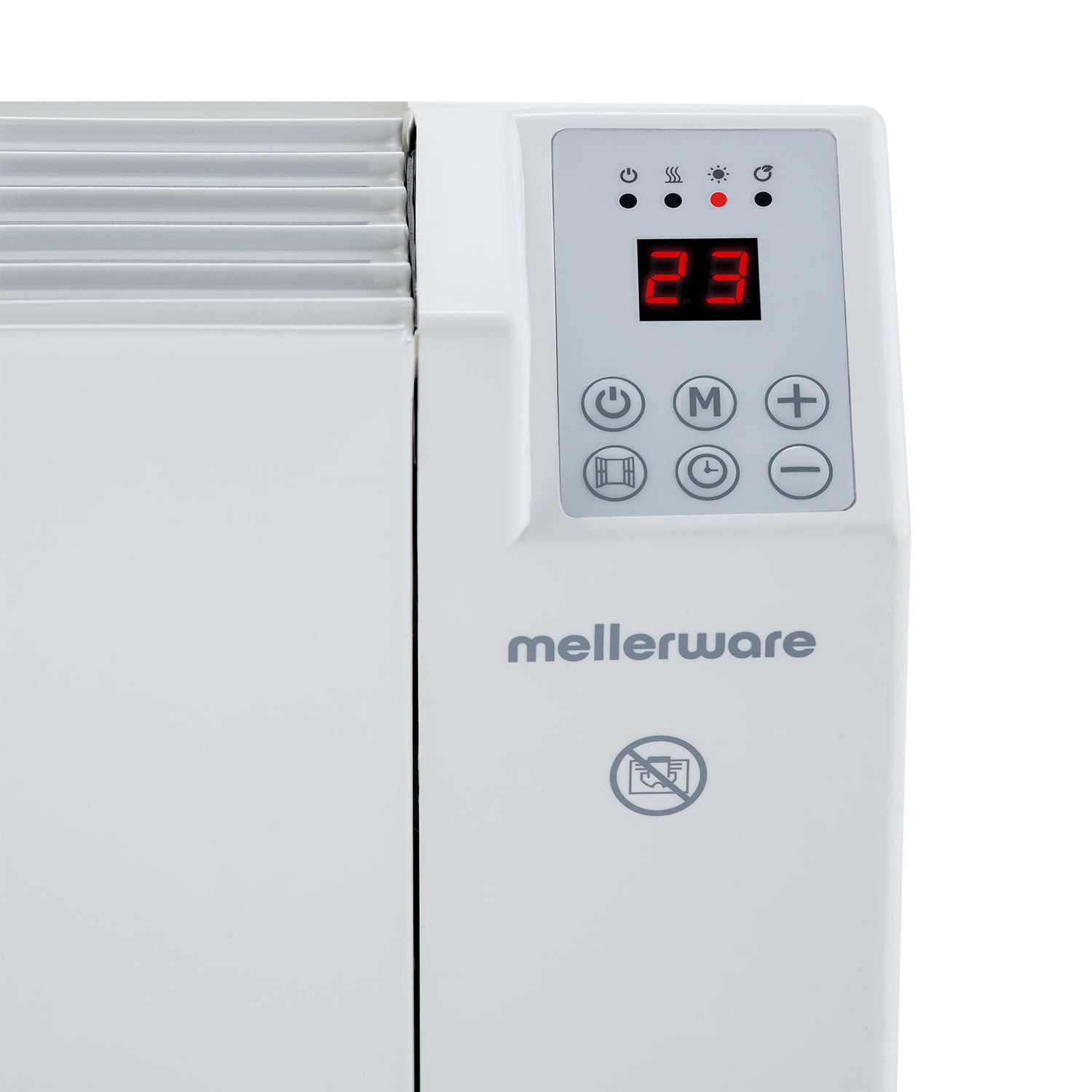 Radiador eléctrico blanco con una pantalla digital que muestra 23 grados.