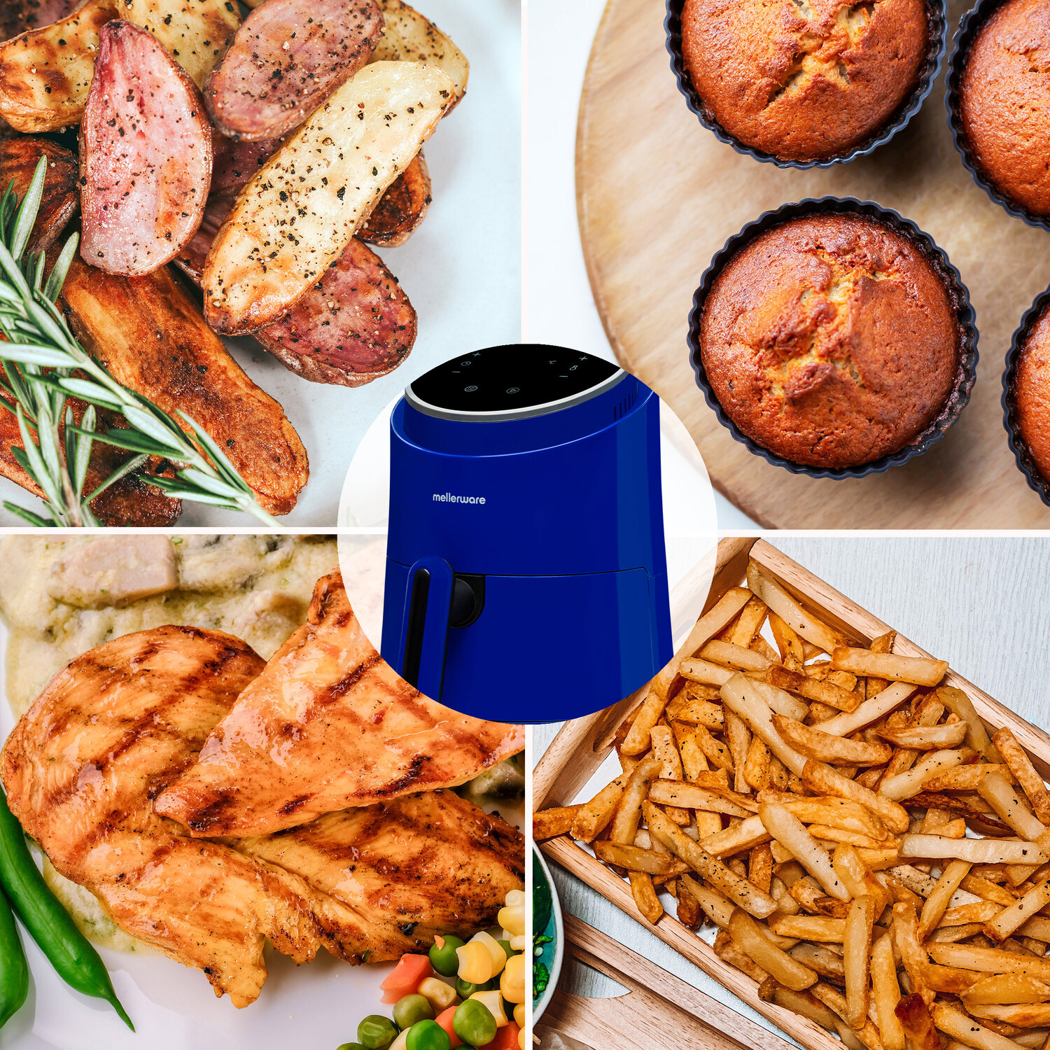 Un collage di alimenti: patate arrosto, salsicce, muffin, pollo grigliato, verdure e patatine fritte, con una friggitrice ad aria blu.