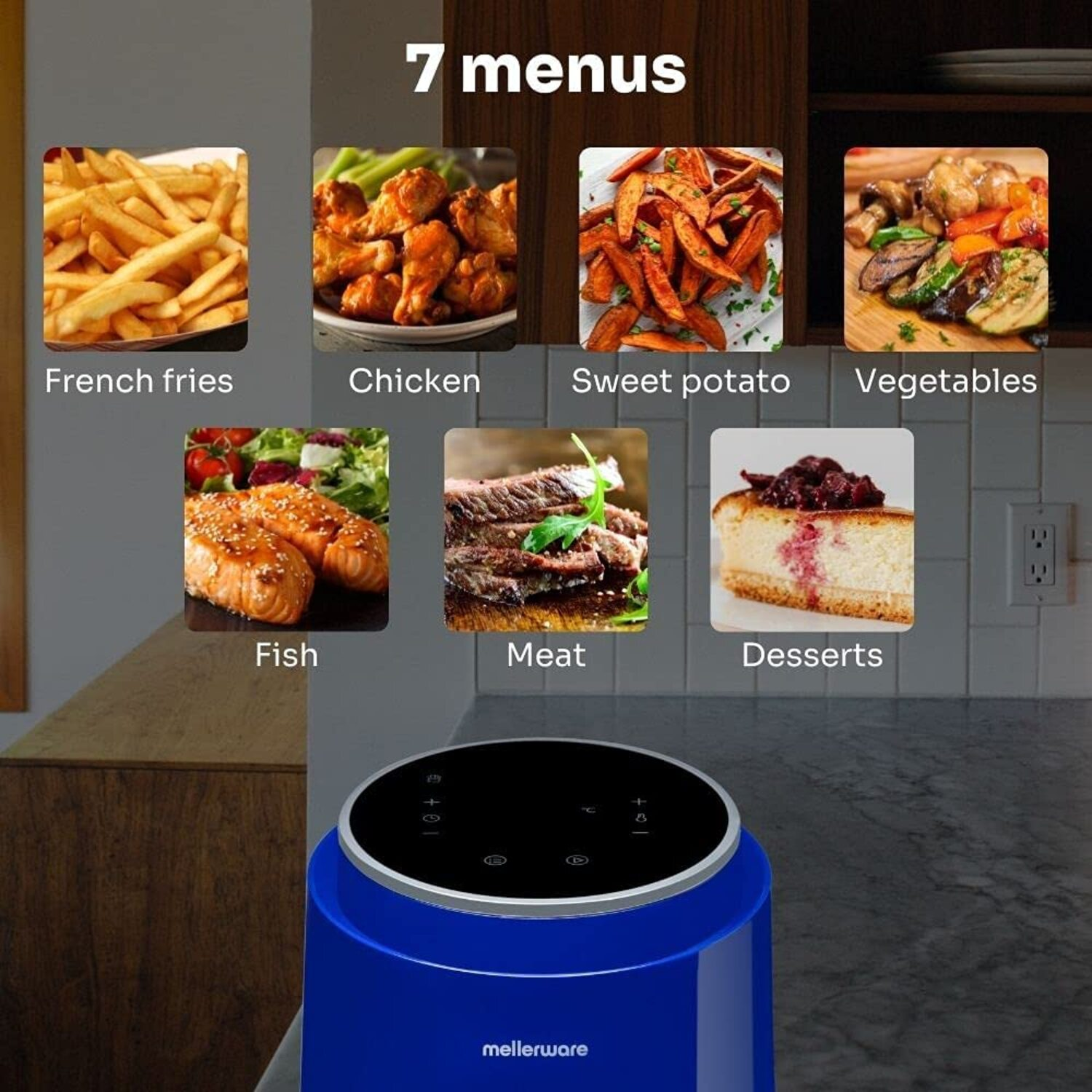 Friggitrice ad aria blu con touchscreen. Visualizza immagini di sette cibi diversi.