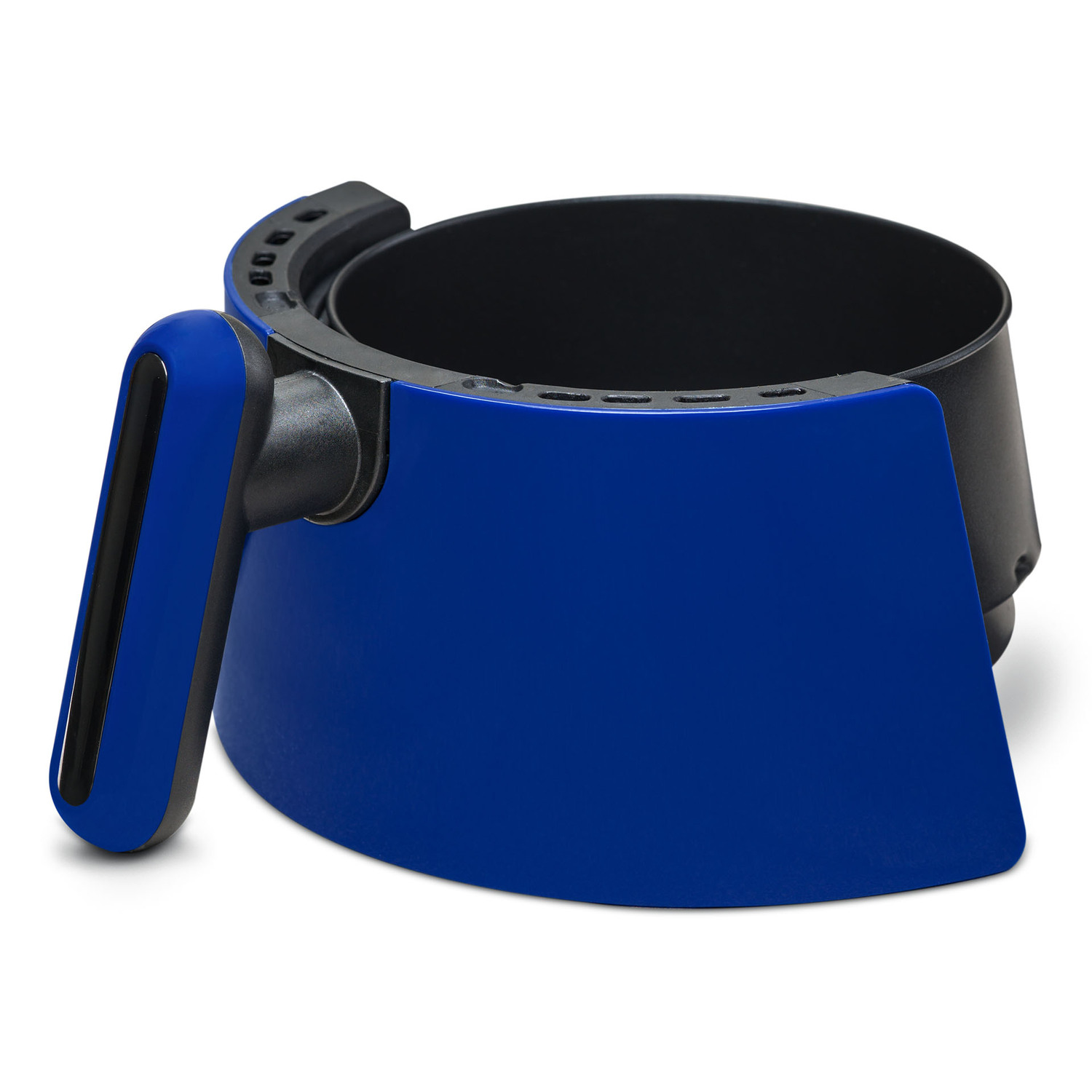 Una freidora de aire azul con interior negro. El mango es azul.
