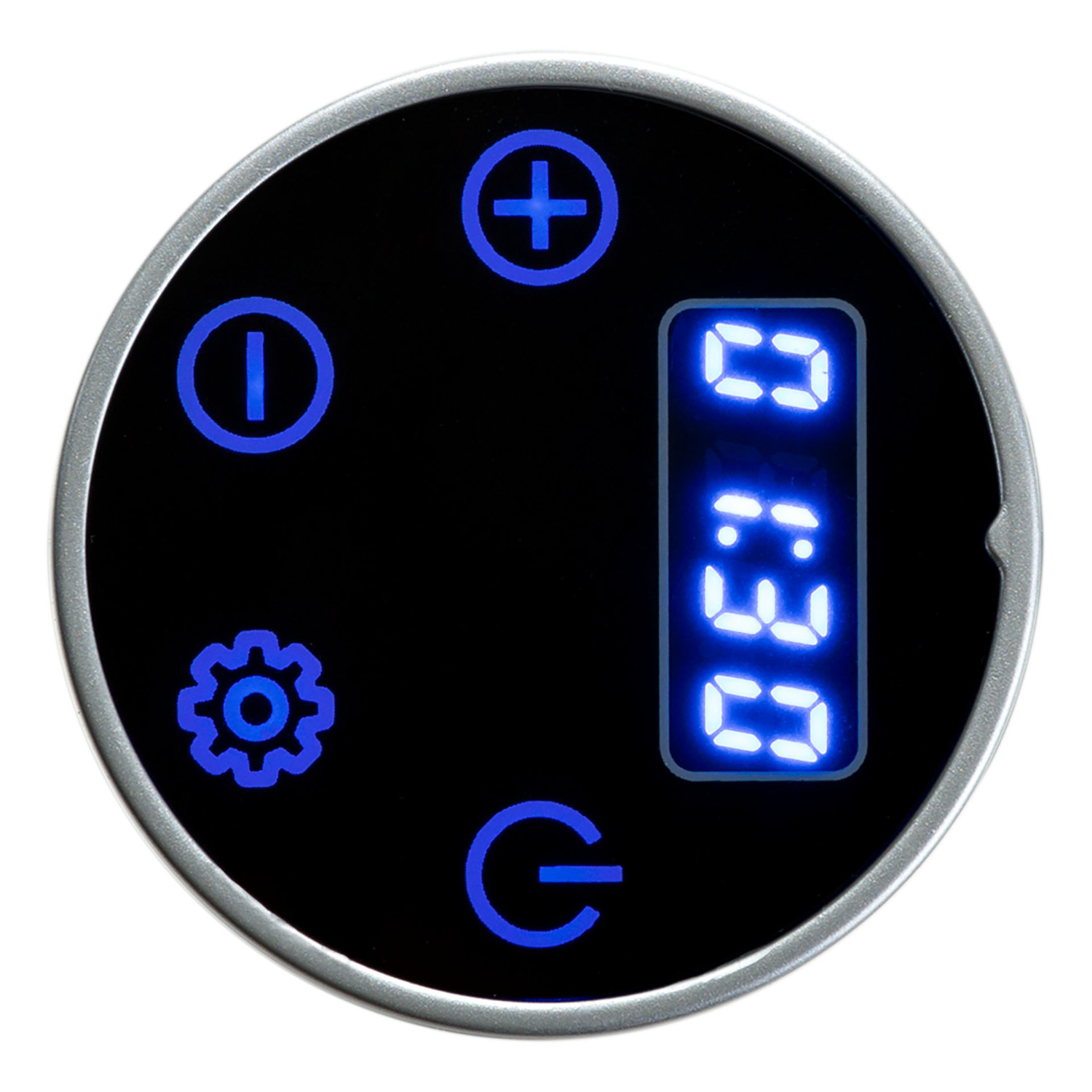 Dispositivo redondo y negro con una pantalla digital que muestra '6:30'. Hay tres iconos azules: un icono de encendido, más y engranaje.