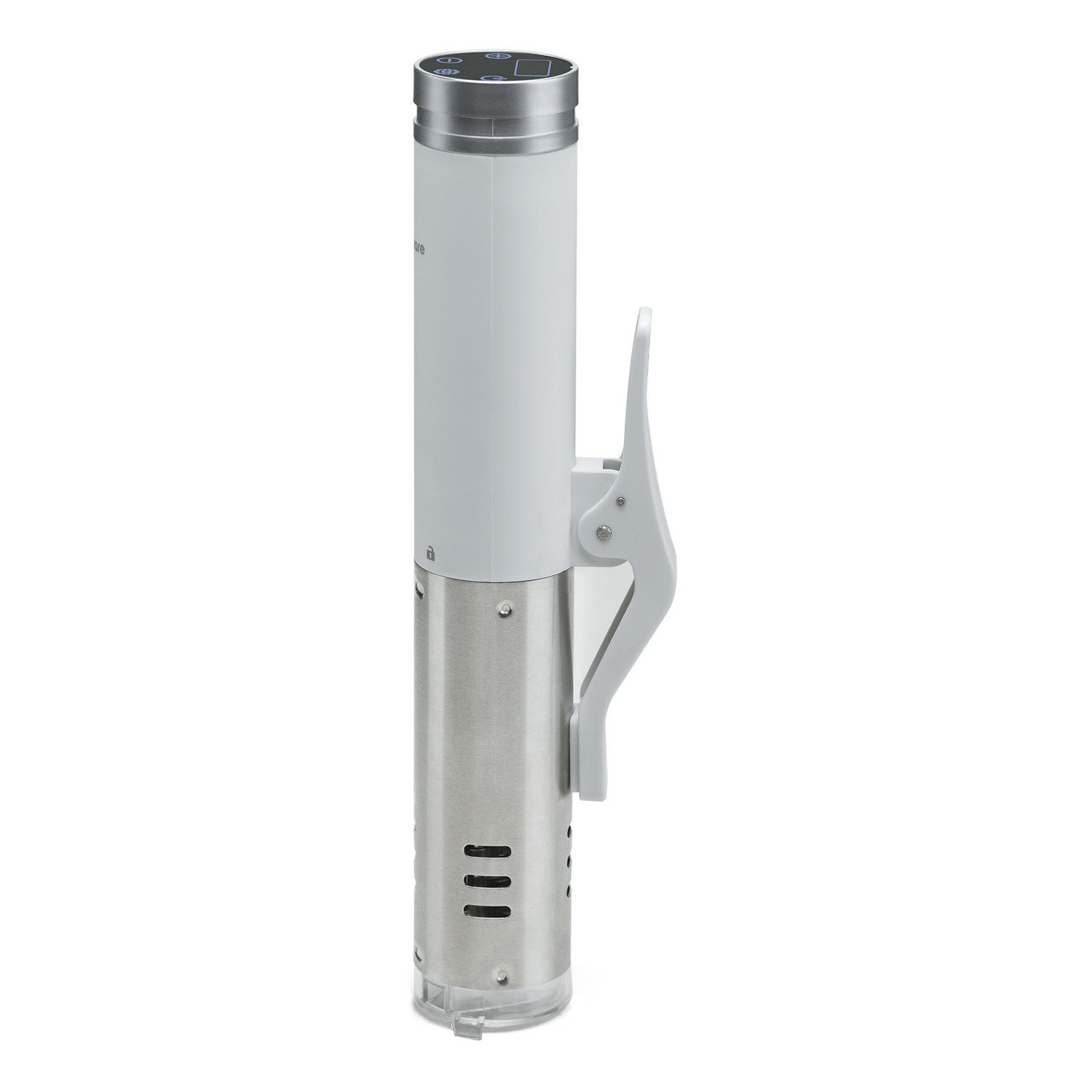 Circulador de inmersión blanco y plateado. Un dispositivo cilíndrico con una base plateada y un panel de control.