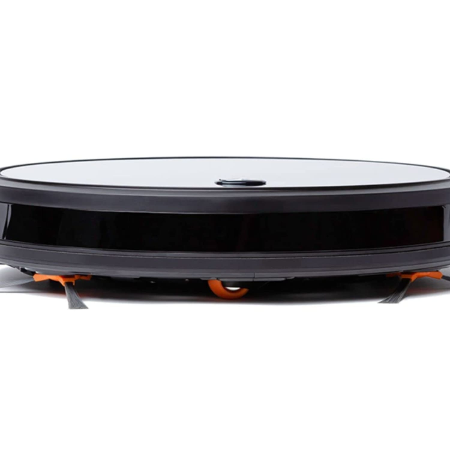 Aspiradora robot negra sobre fondo blanco. Detalles de cepillo naranja.