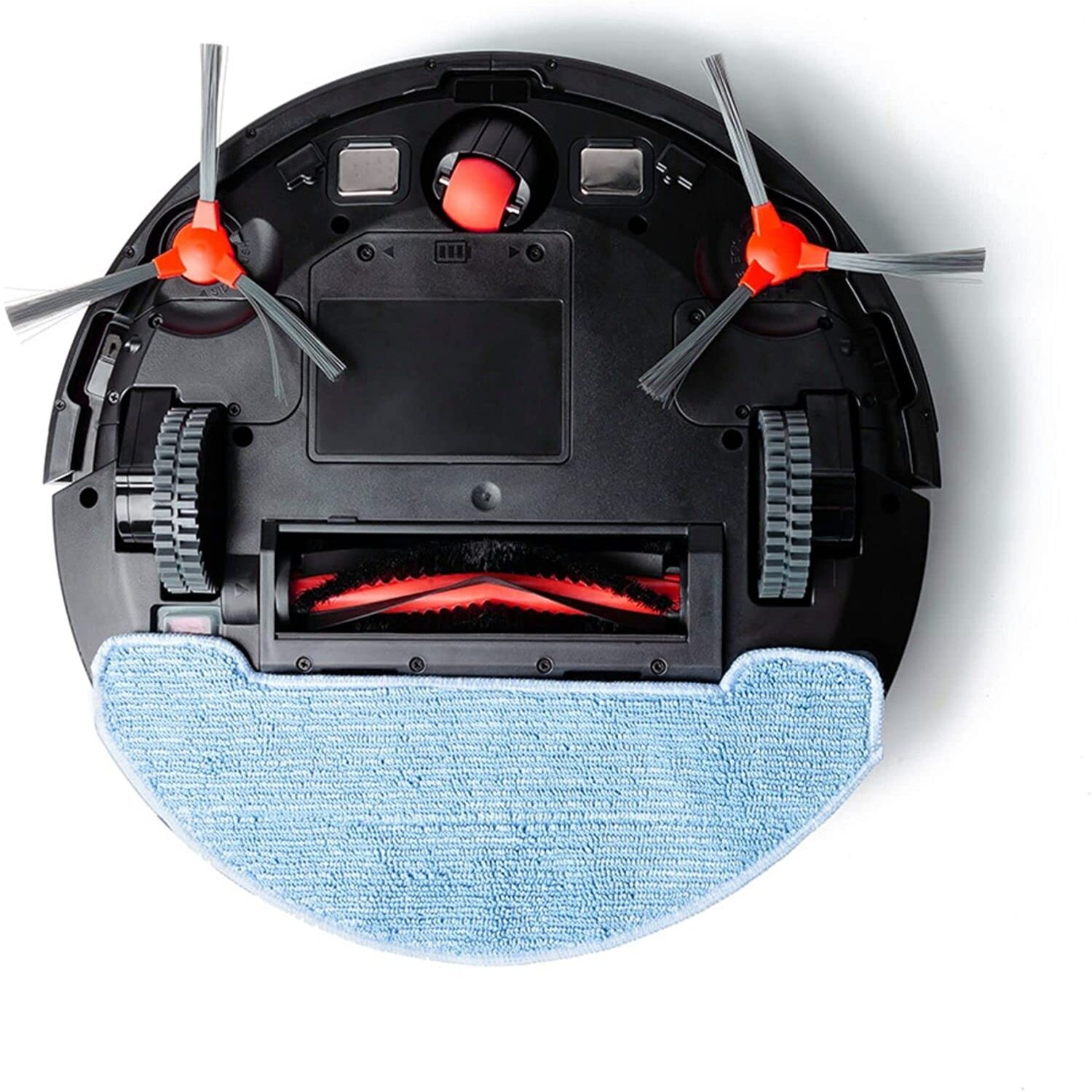 Aspiradora robot negra. Tiene cepillos giratorios, ruedas y una almohadilla de limpieza azul.