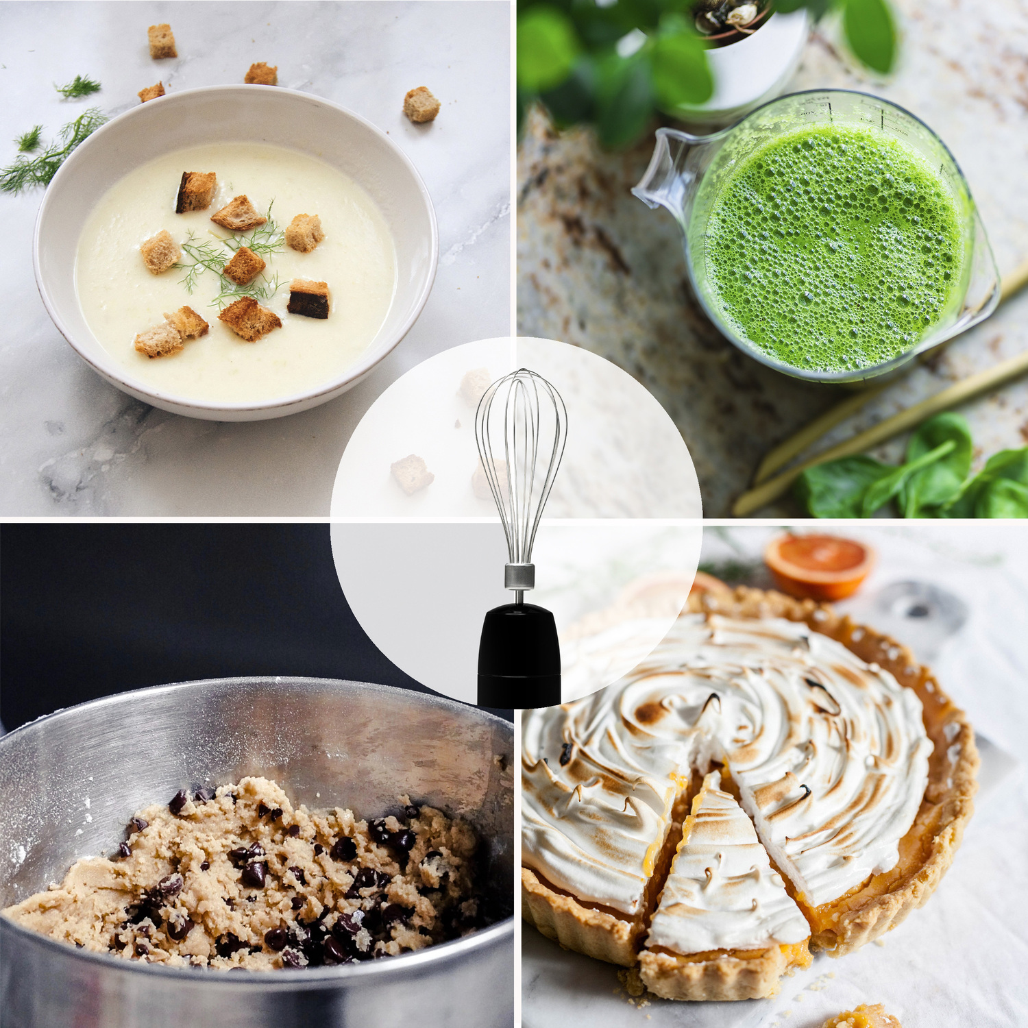 Collage di cibo. Zuppa con crostini, succo verde, impasto con gocce di cioccolato e torta al limone.