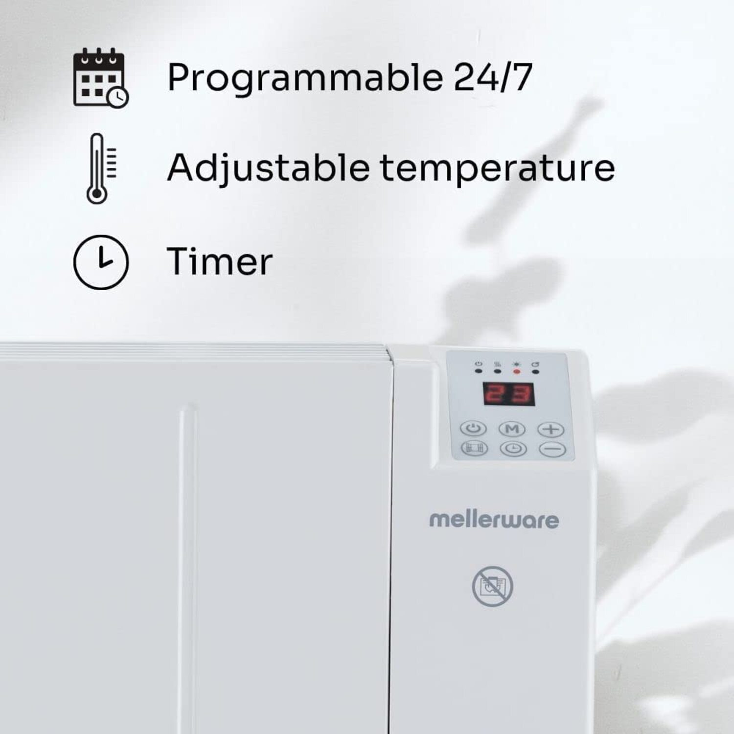 Calentador blanco con pantalla digital. El calentador tiene temporizador, temperatura ajustable y funciones programables.