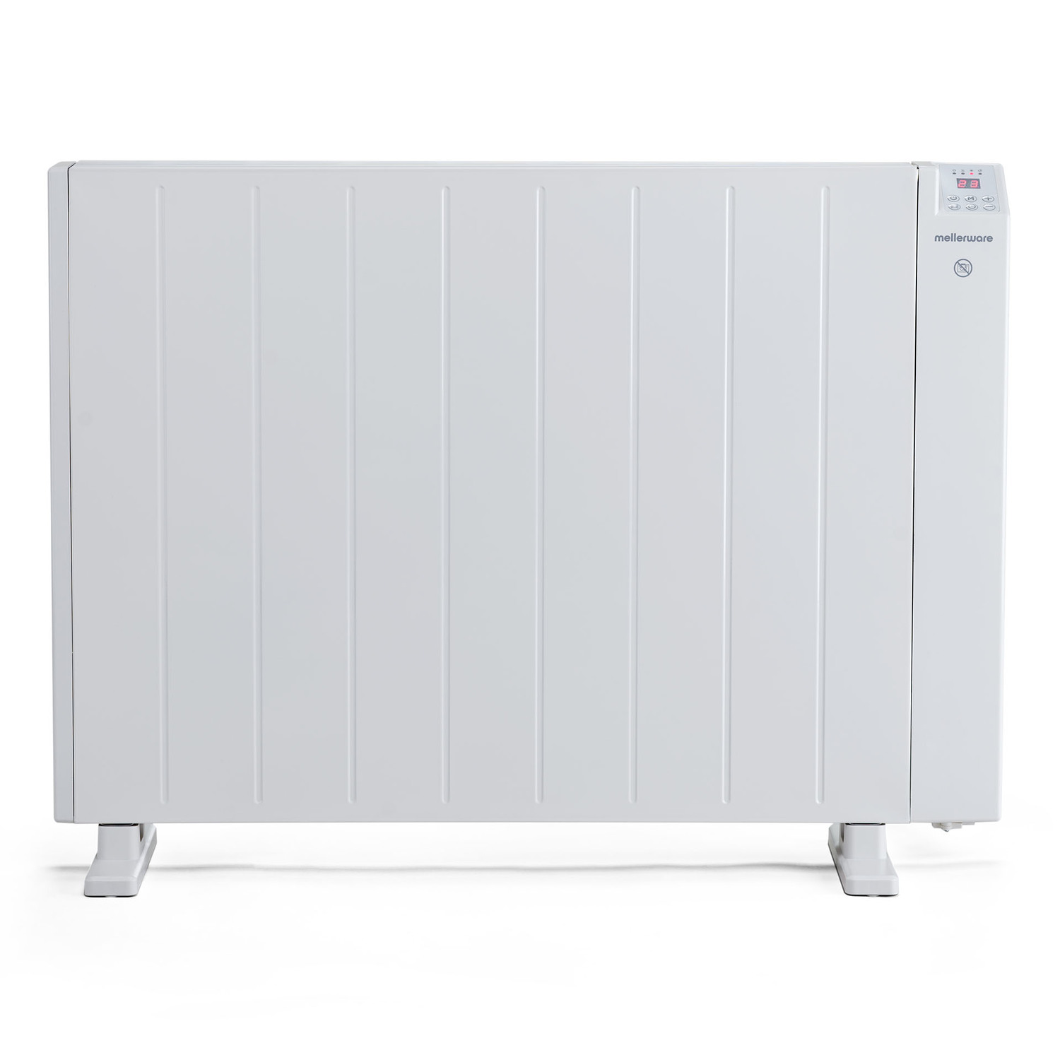Un radiador eléctrico blanco con barras verticales y una pantalla digital lateral.