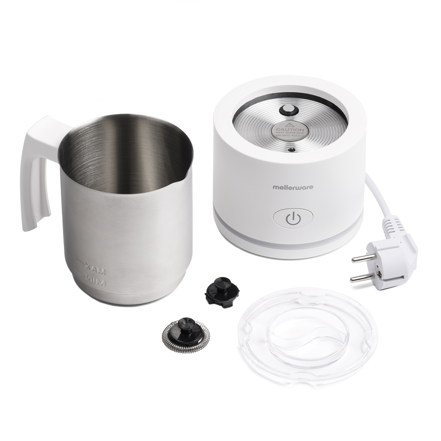 Espumador de leche blanco con accesorios. Incluye jarra de acero inoxidable, tapa transparente y accesorios negros.