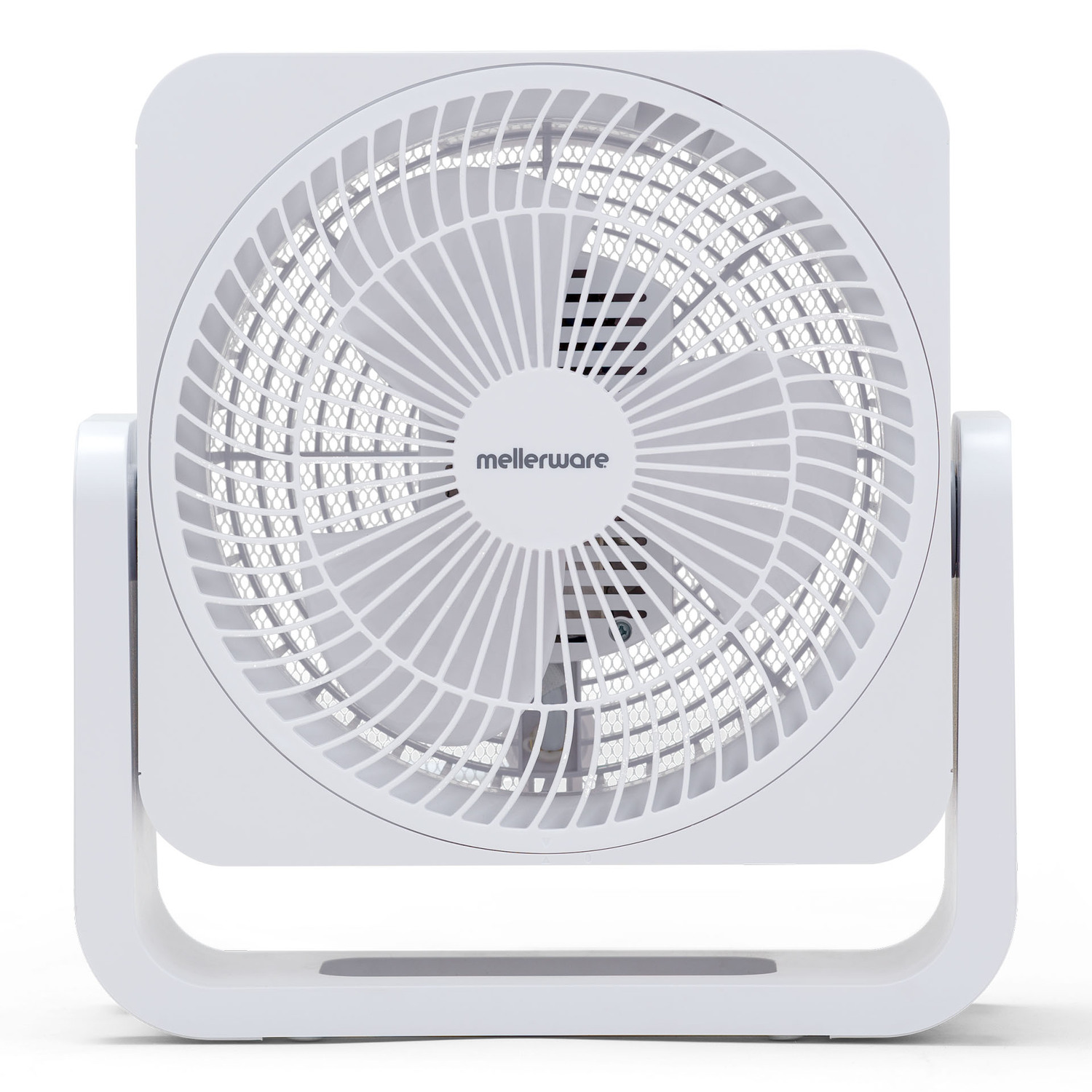 Ventilatore quadrato bianco con base curva e logo mellerware bianco.