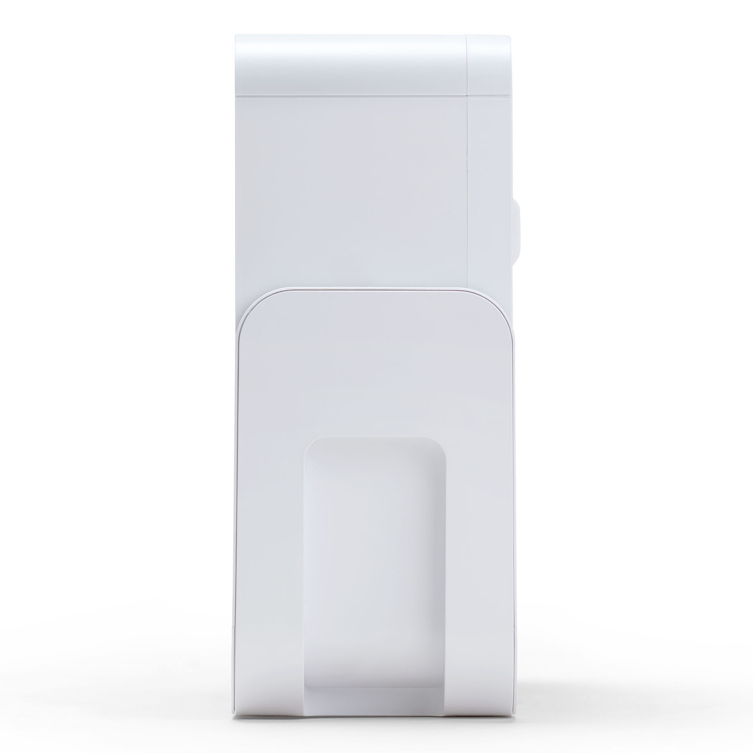 Un dispositivo bianco rettangolare montato a parete con base curva. Ha uno slot frontale.