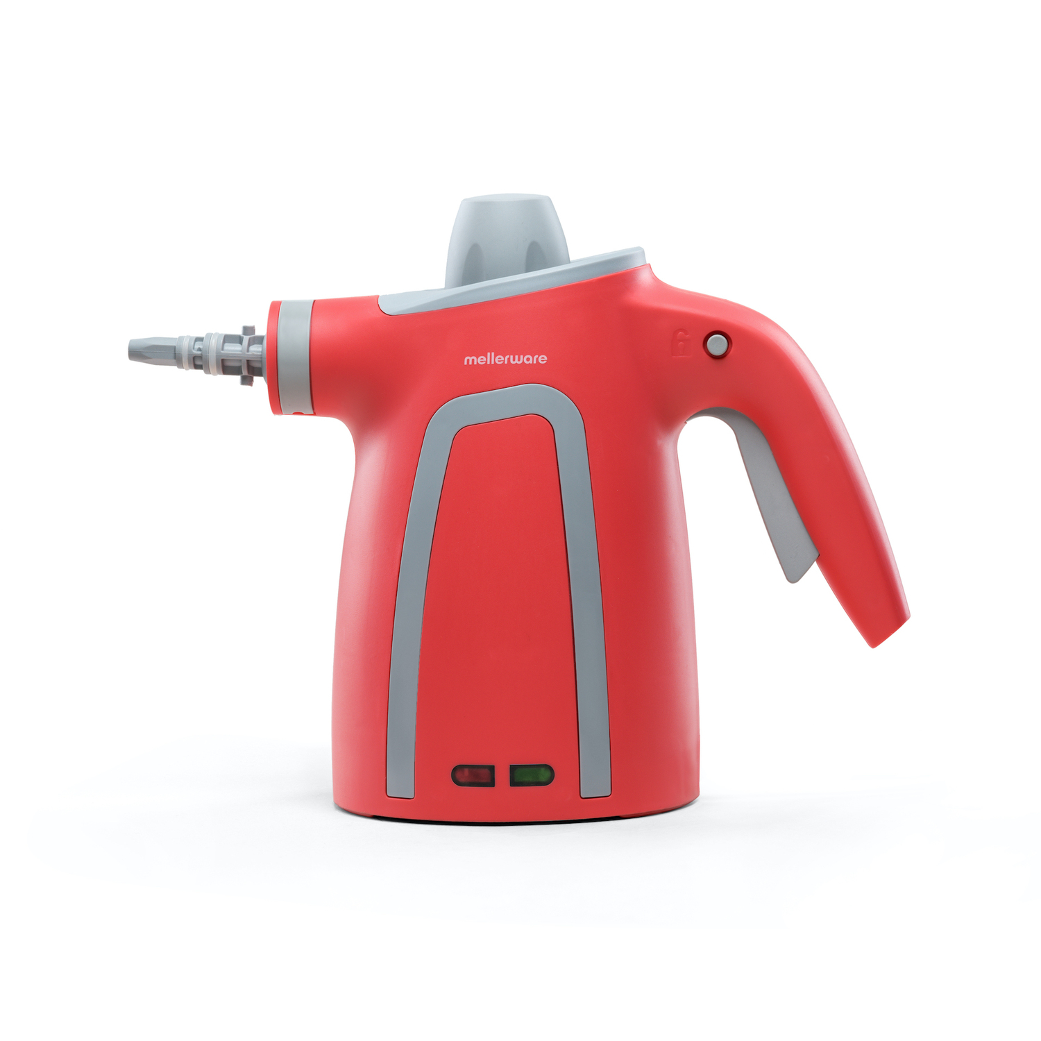 Un vaporizador de mano rojo y gris con una boquilla y un mango. Es un dispositivo rojo con un acento gris.
