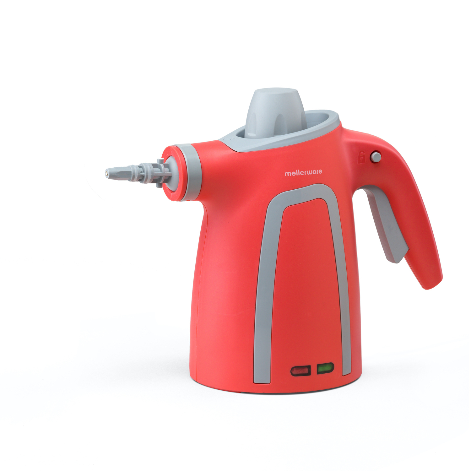 Vaporizador de mano rojo y gris con boquilla y botones, fondo blanco.