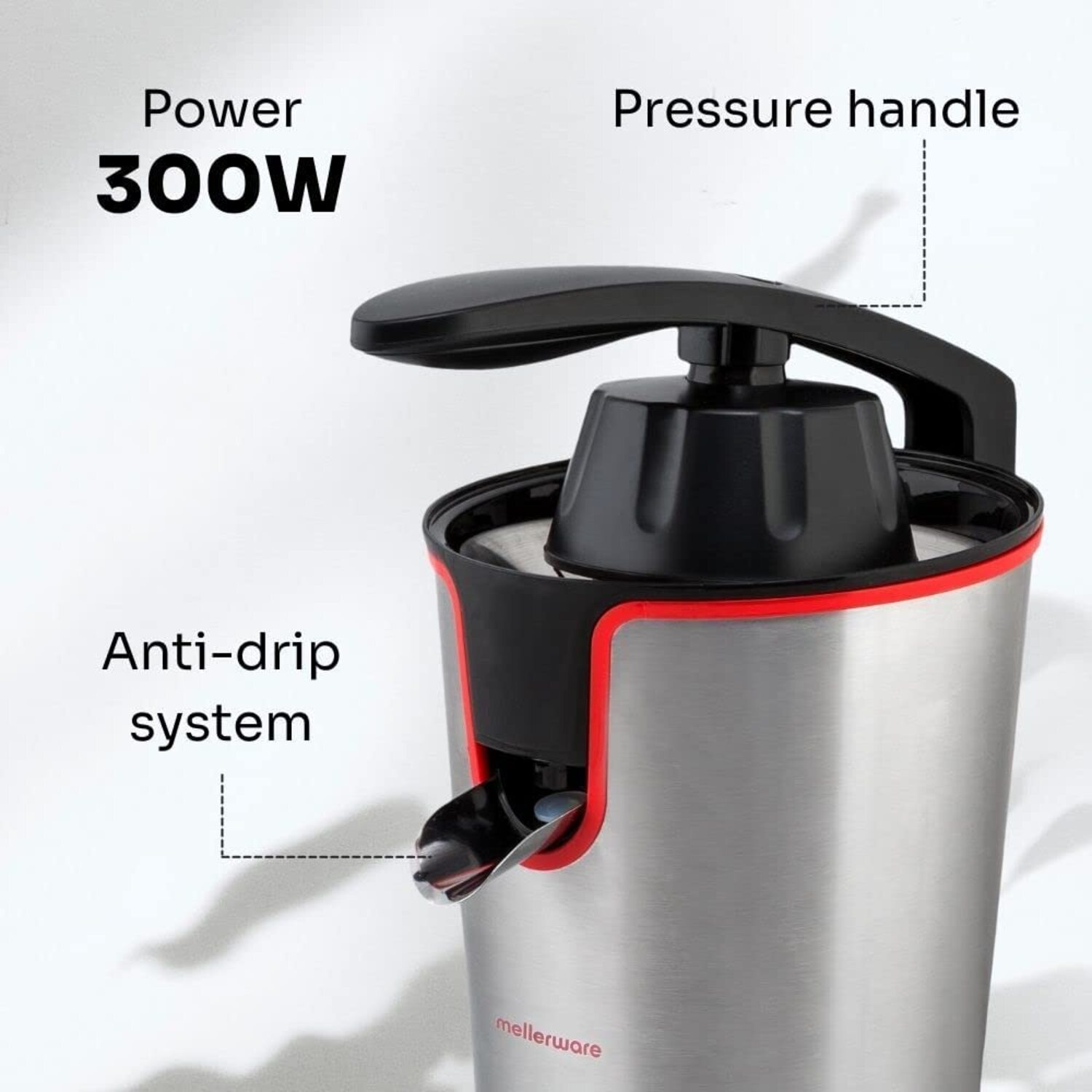 Extractor de zumos, plateado y negro, con borde rojo. Incluye asa y sistema antigoteo. Potencia 300W.