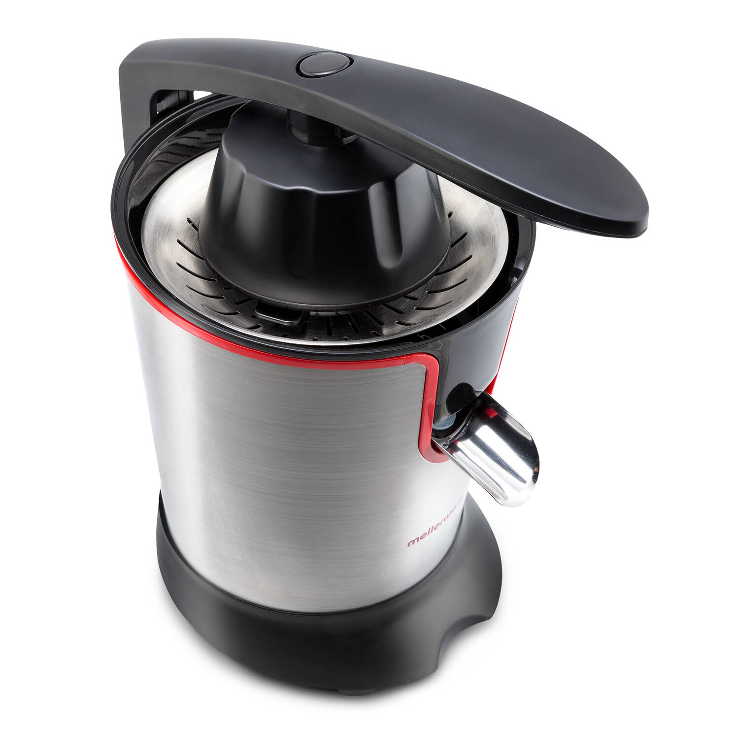 Exprimidor negro y plateado con acento rojo, vista superior, marca Mellerware.