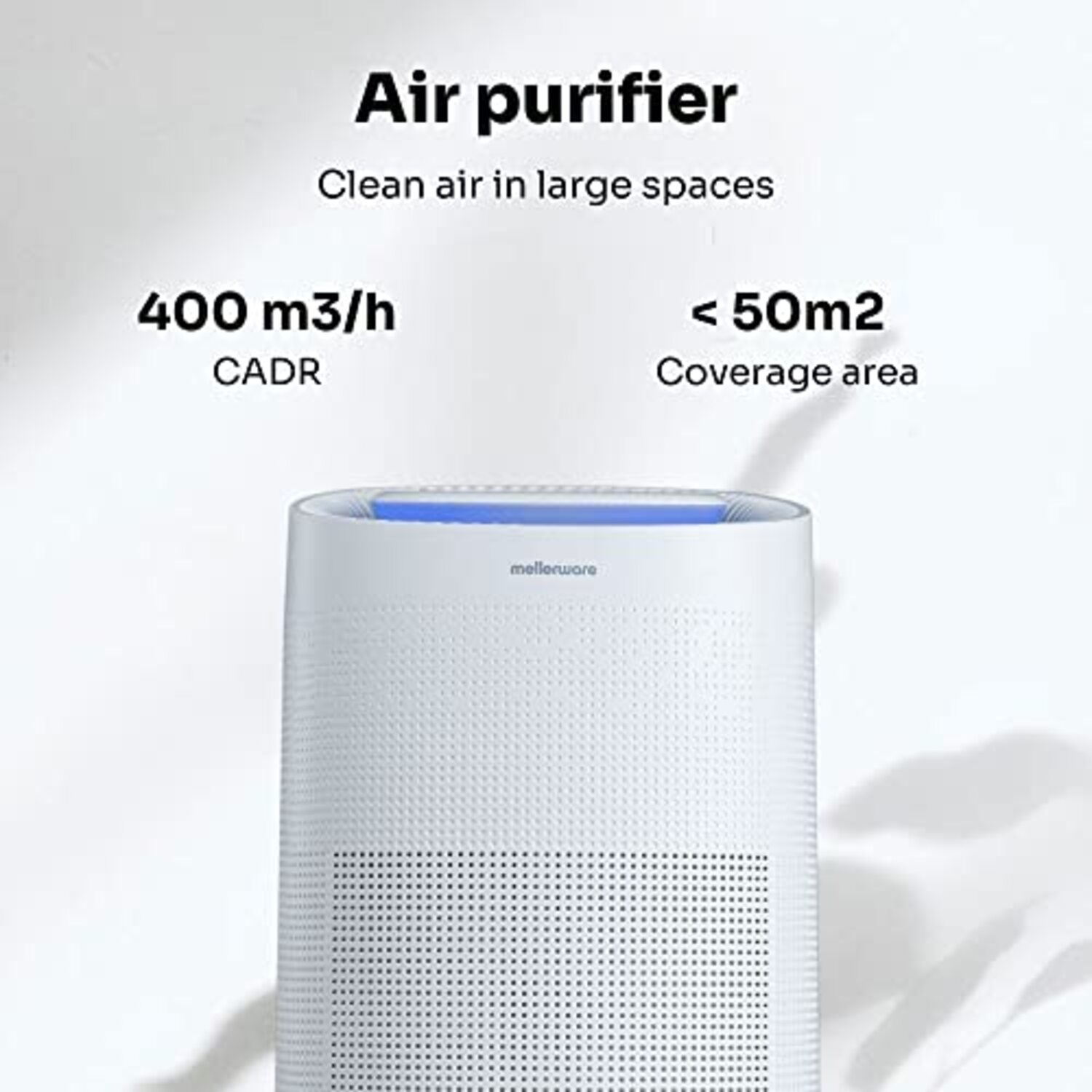 Purificatore d'aria bianco con testo che indica 400 m3/h CADR e copertura <lt/>50m2.