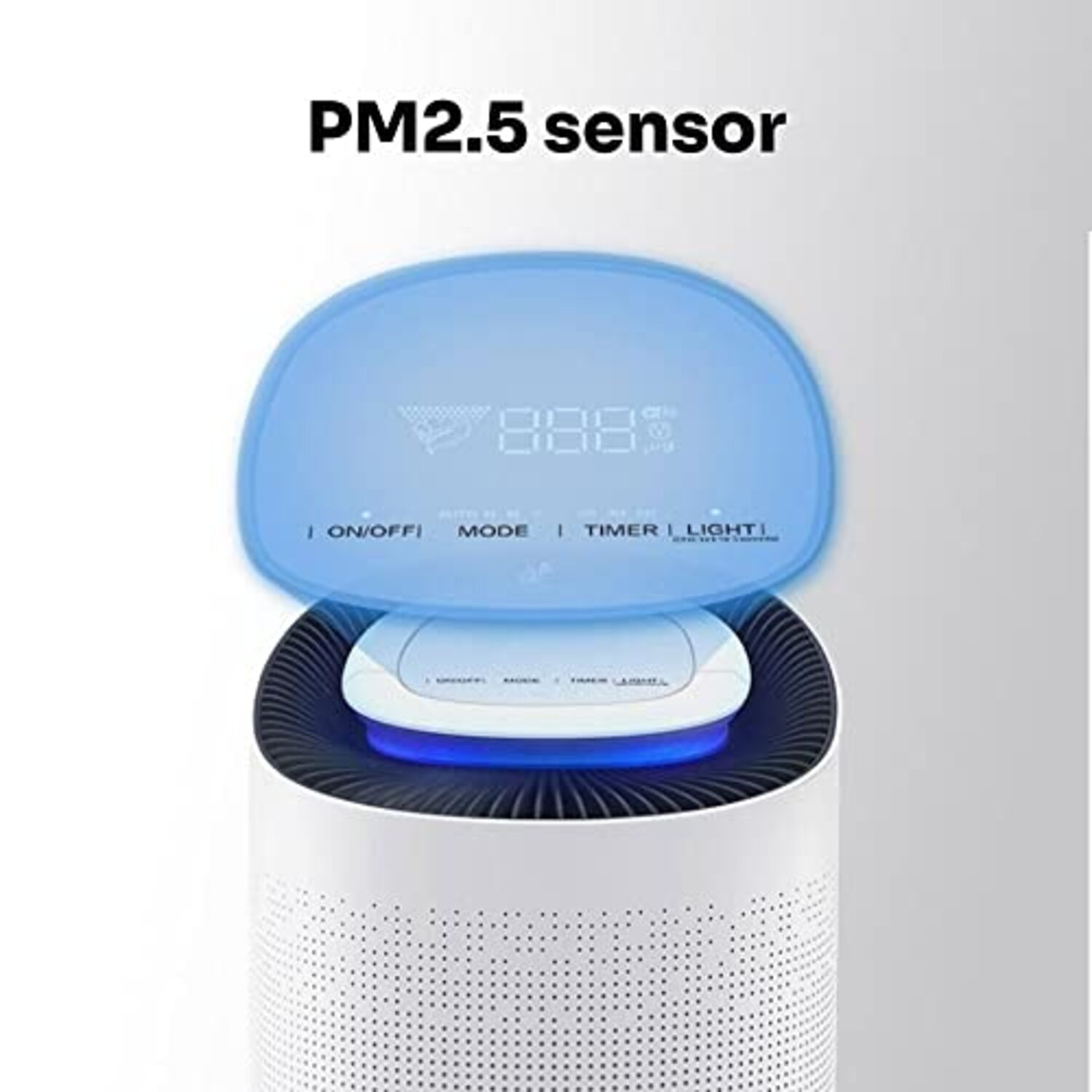 Purificatore d'aria bianco e nero, sensore PM2.5 al centro, luce blu in basso e testo bianco.
