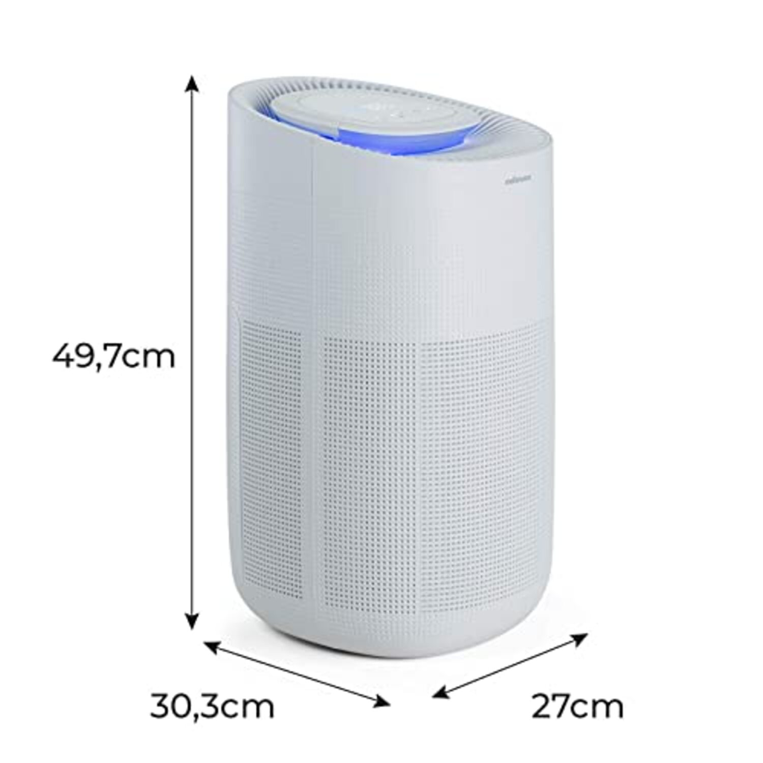 Un purificatore d'aria bianco con dimensioni etichettate. Il purificatore è alto e cilindrico.