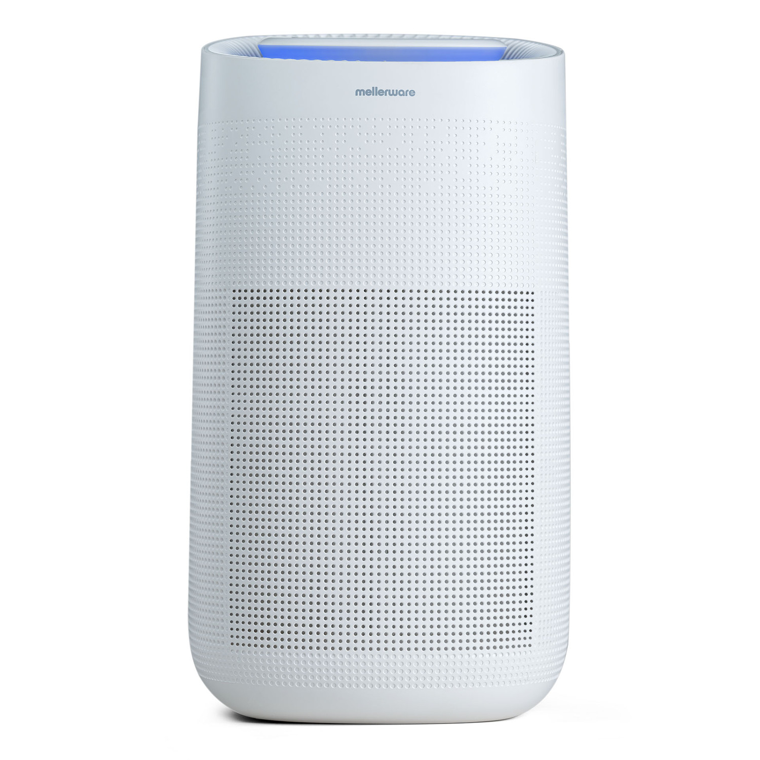 Un purificatore d'aria bianco con forma cilindrica, con un motivo a punti e una luce blu in alto. Sfondo bianco.