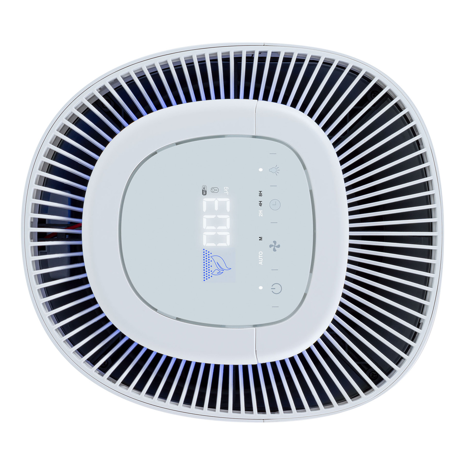 Purificatore d'aria, vista dall'alto, bianco con fessure nere. Display digitale con numeri. Bianco.