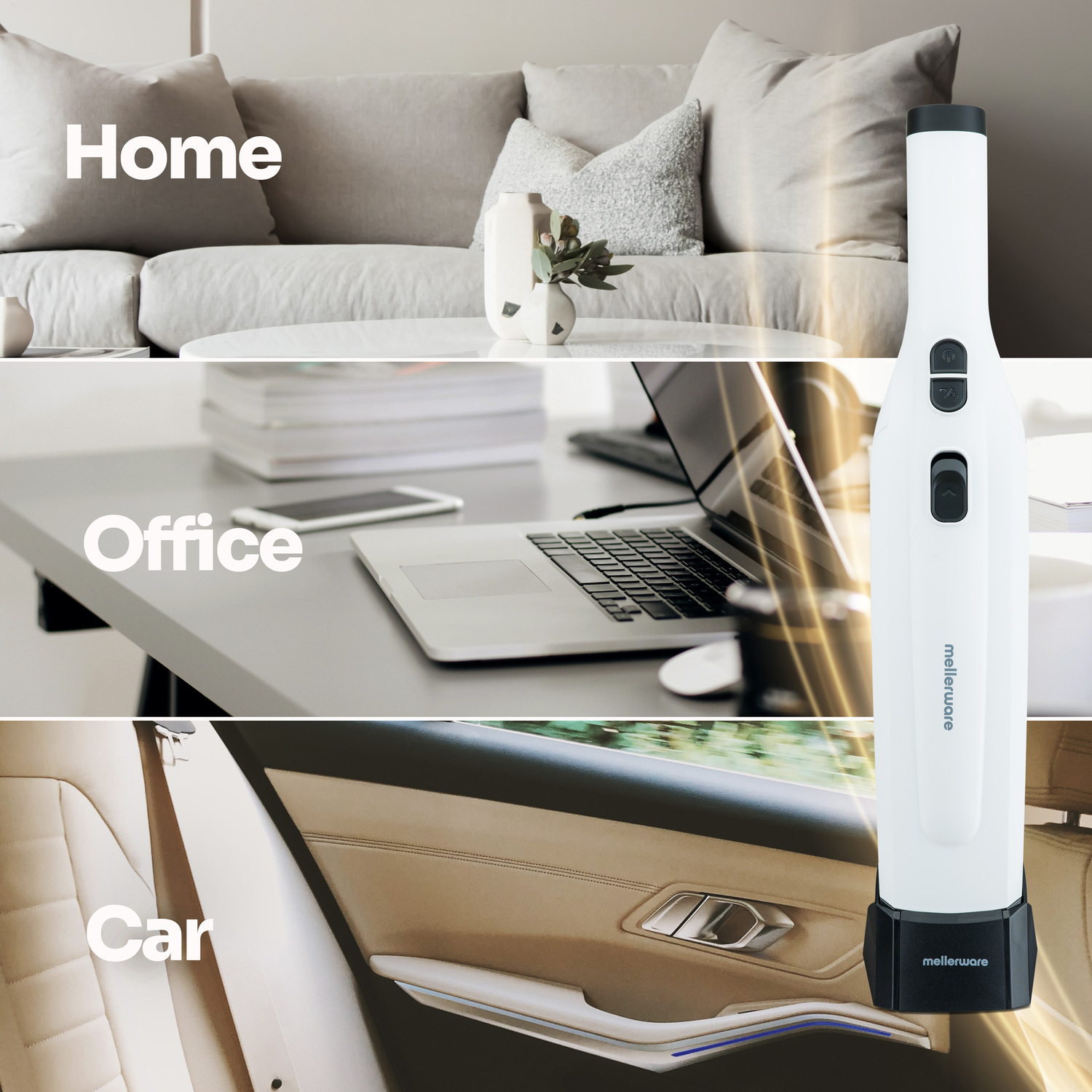 Un collage che mostra un aspirapolvere e scene di interni di casa, ufficio e auto.