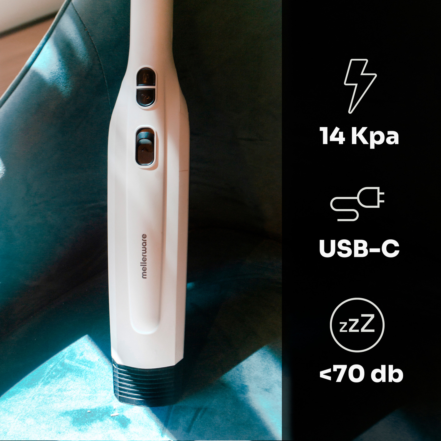 Aspirapolvere portatile bianco con simboli per potenza, Kpa, USB-C e livello di rumore, su sfondo scuro.