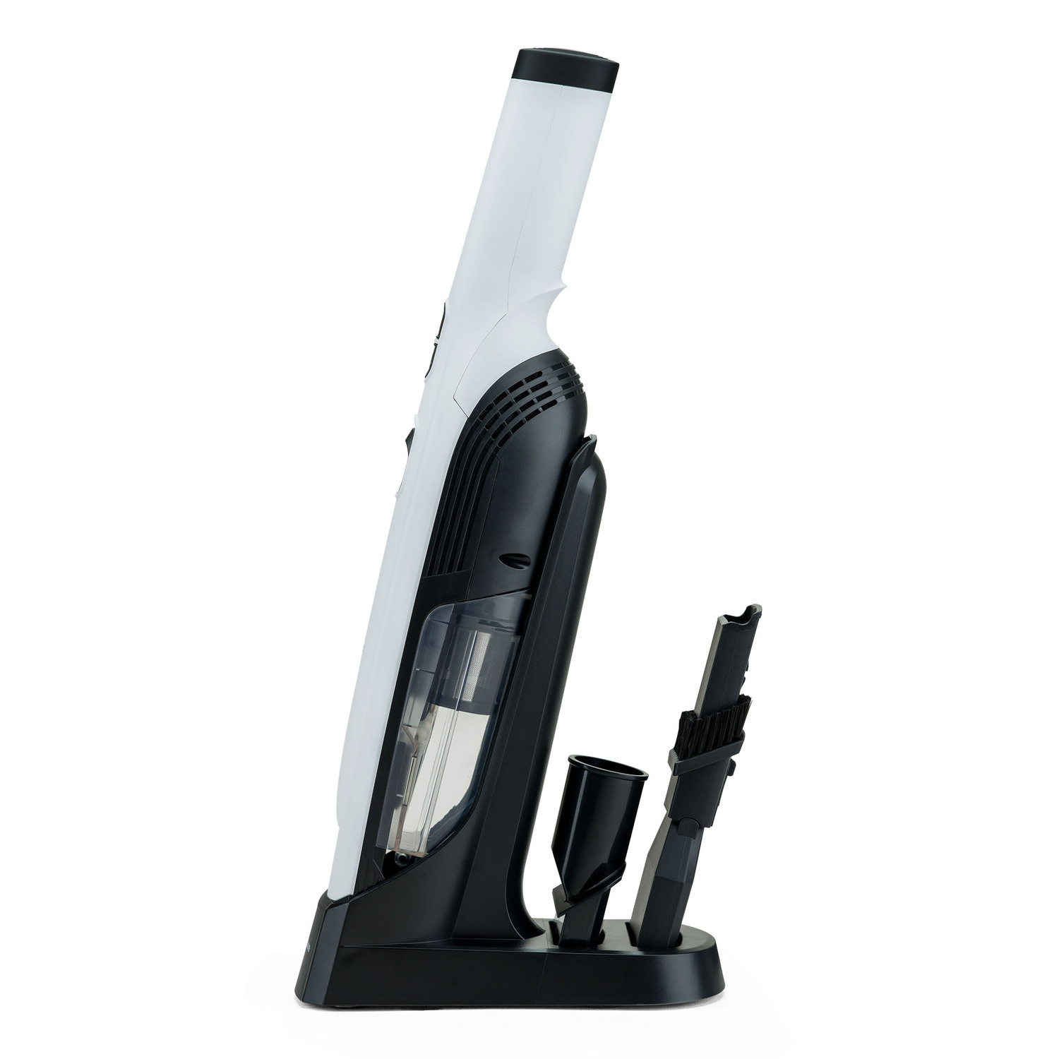 Aspirapolvere portatile bianco e nero con accessori. In piedi su sfondo bianco.