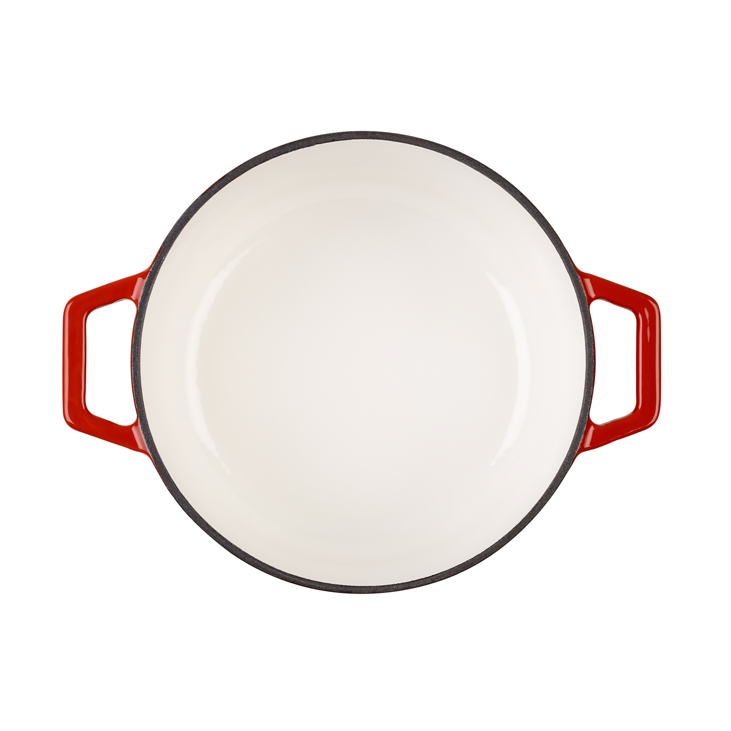 Vista superior de una olla de hierro fundido esmaltado rojo y blanco con asas, aislada.