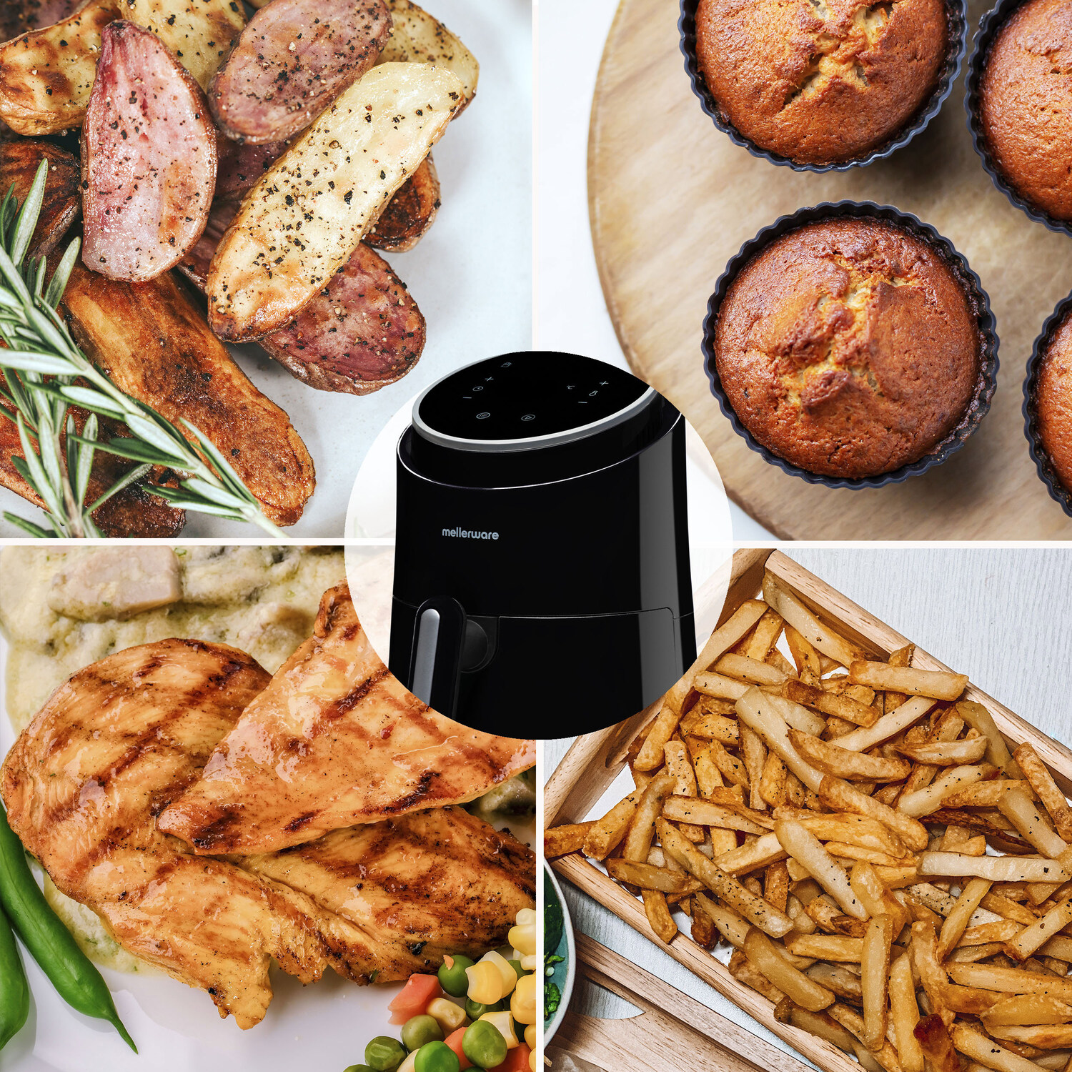 Friggitrice ad aria con cibo: patate, pollo, patatine fritte e muffin.