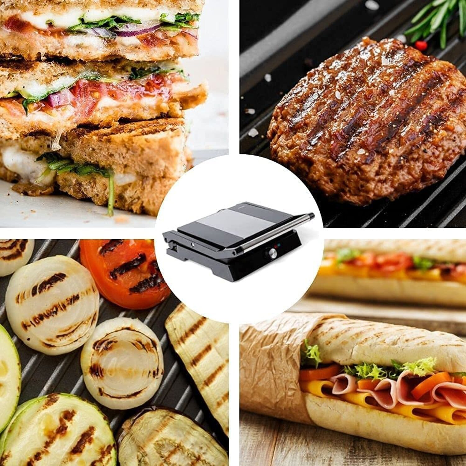 Varios alimentos a la parrilla y una parrilla en una superficie. Sándwiches, hamburguesas, verduras.