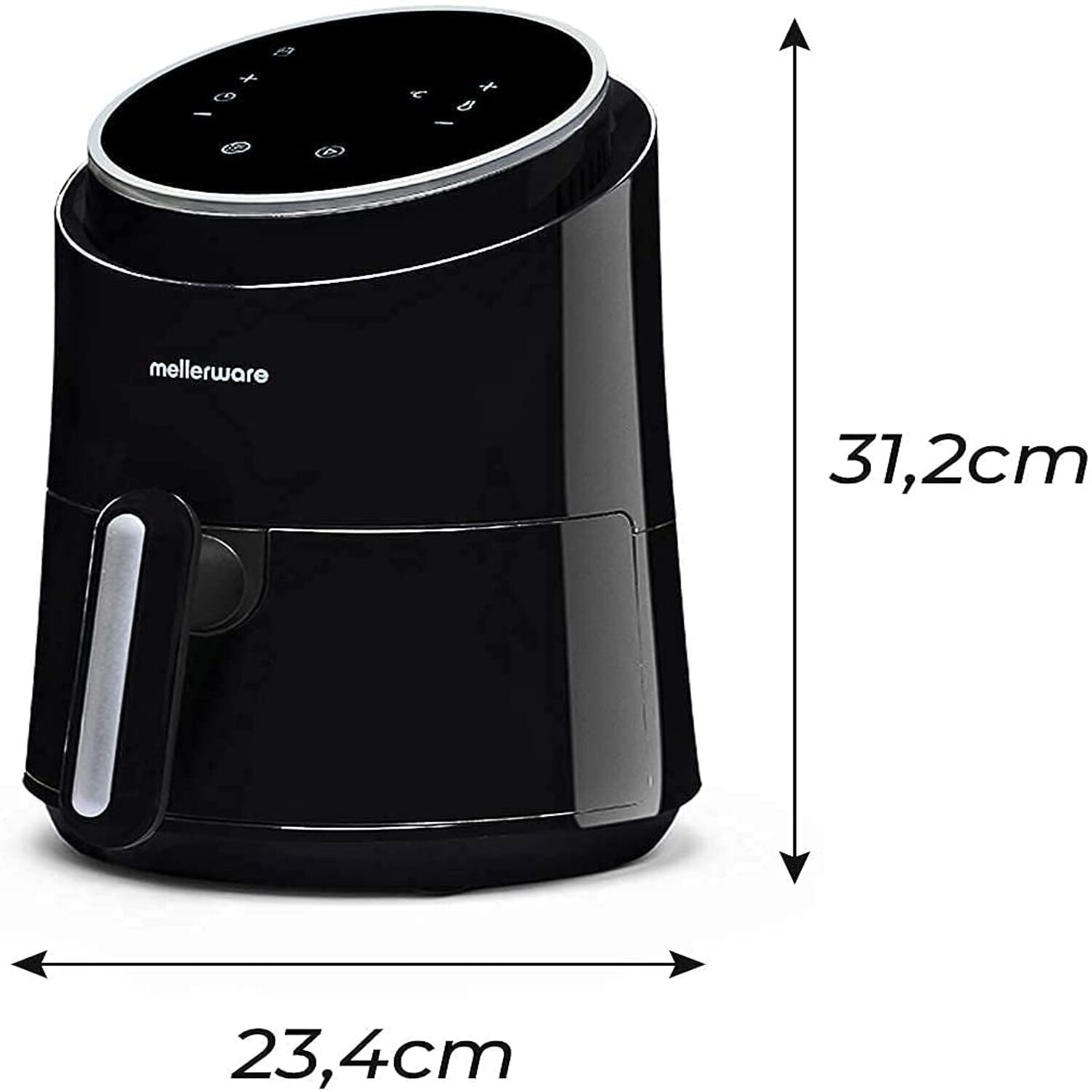 Freidora de aire negra con dimensiones. Tiene la marca 'mellerware'.