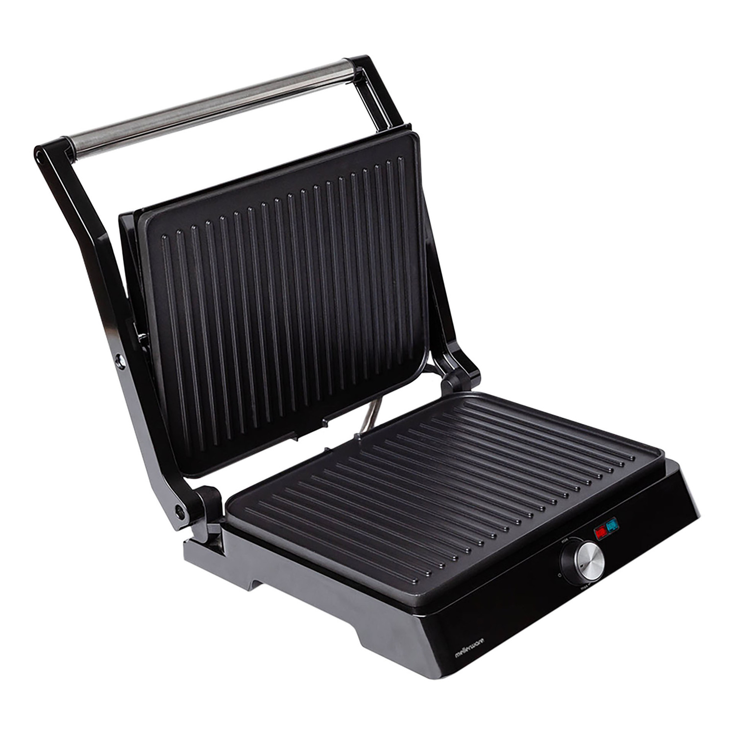 Parrilla panini negra abierta con asa plateada. Tiene placas de parrilla negras y una luz roja.