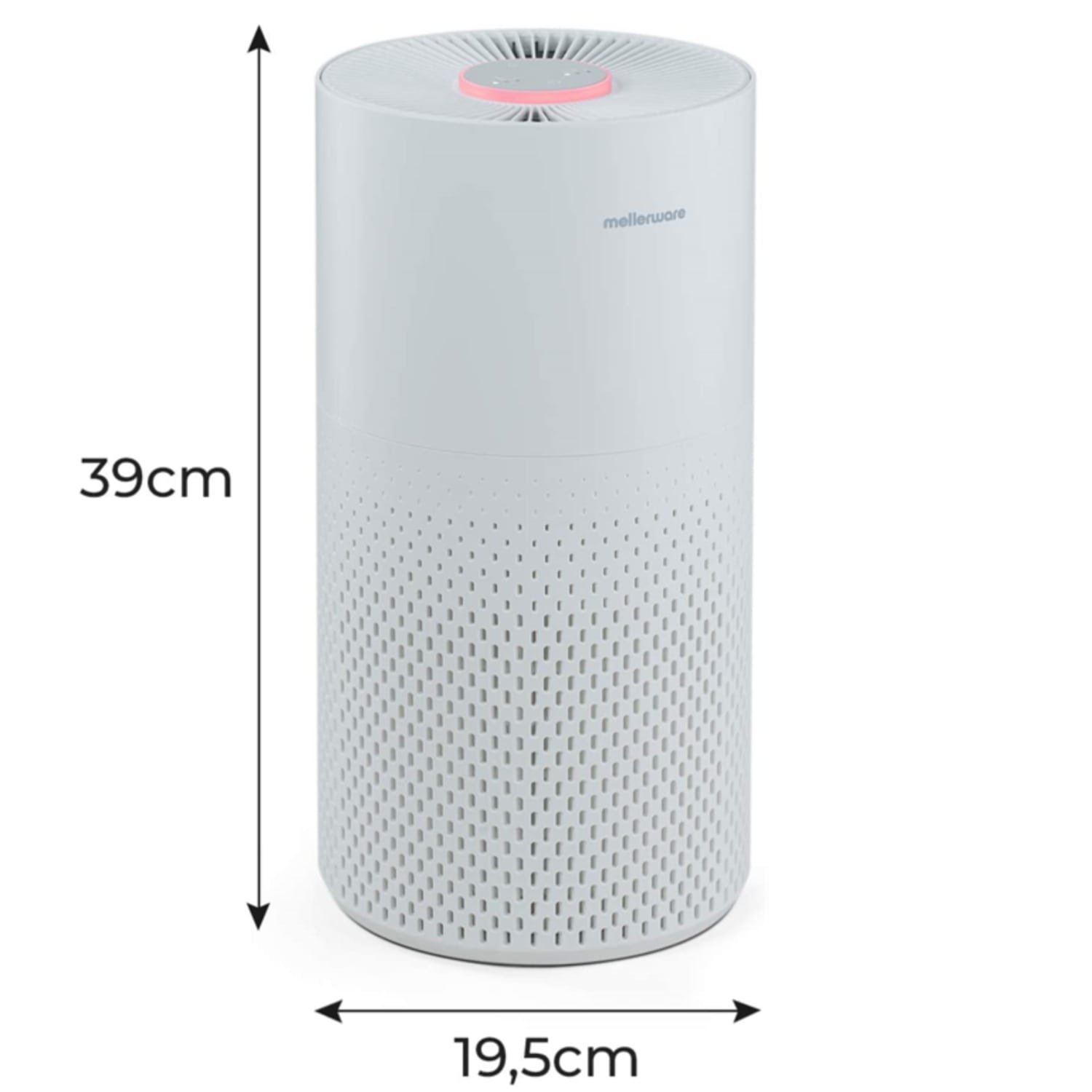 Purificatore d'aria bianco con parte superiore rossa. Dimensioni: 39 cm altezza, 19,5 cm larghezza.