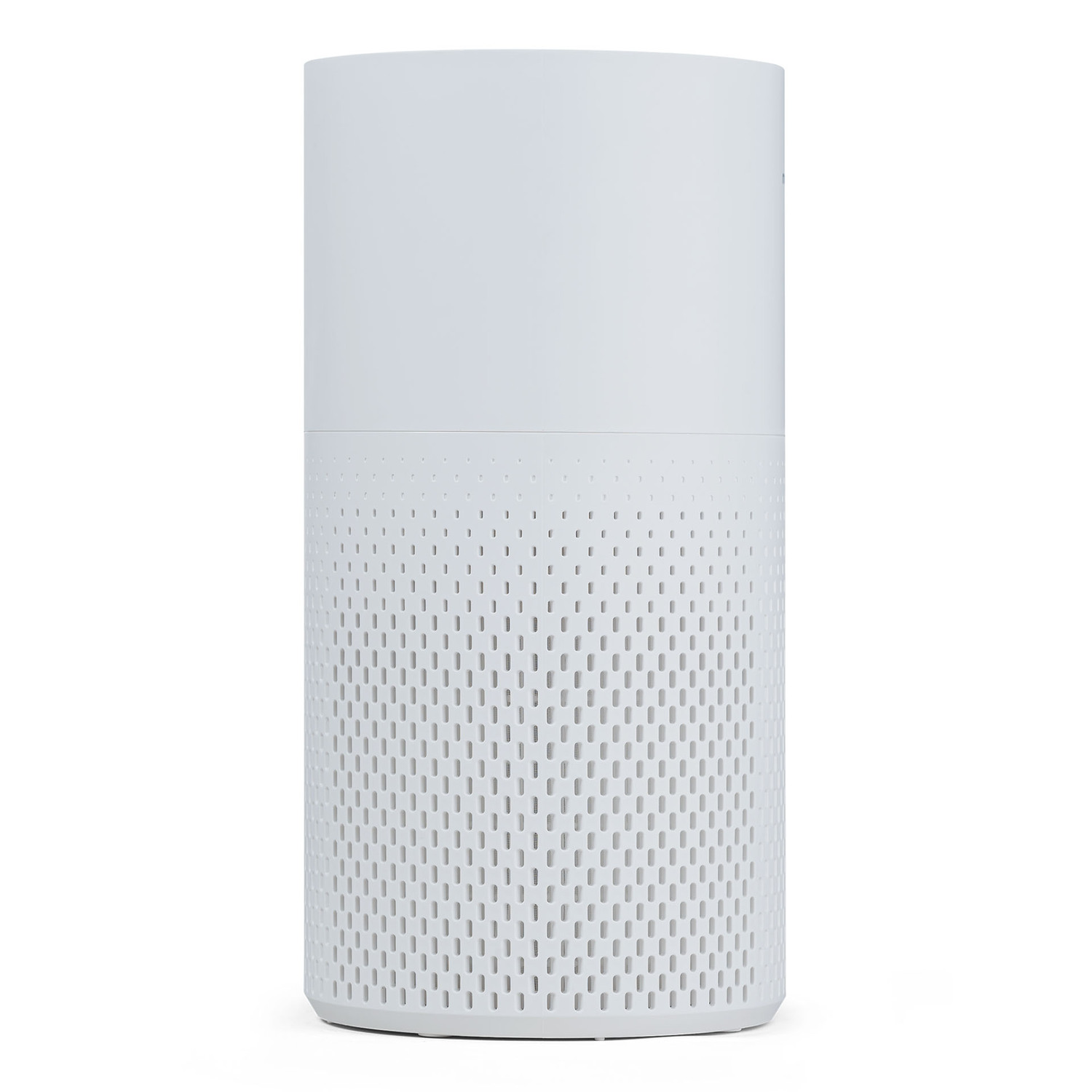 Un purificatore d'aria bianco con design cilindrico e metà inferiore perforata su sfondo bianco.