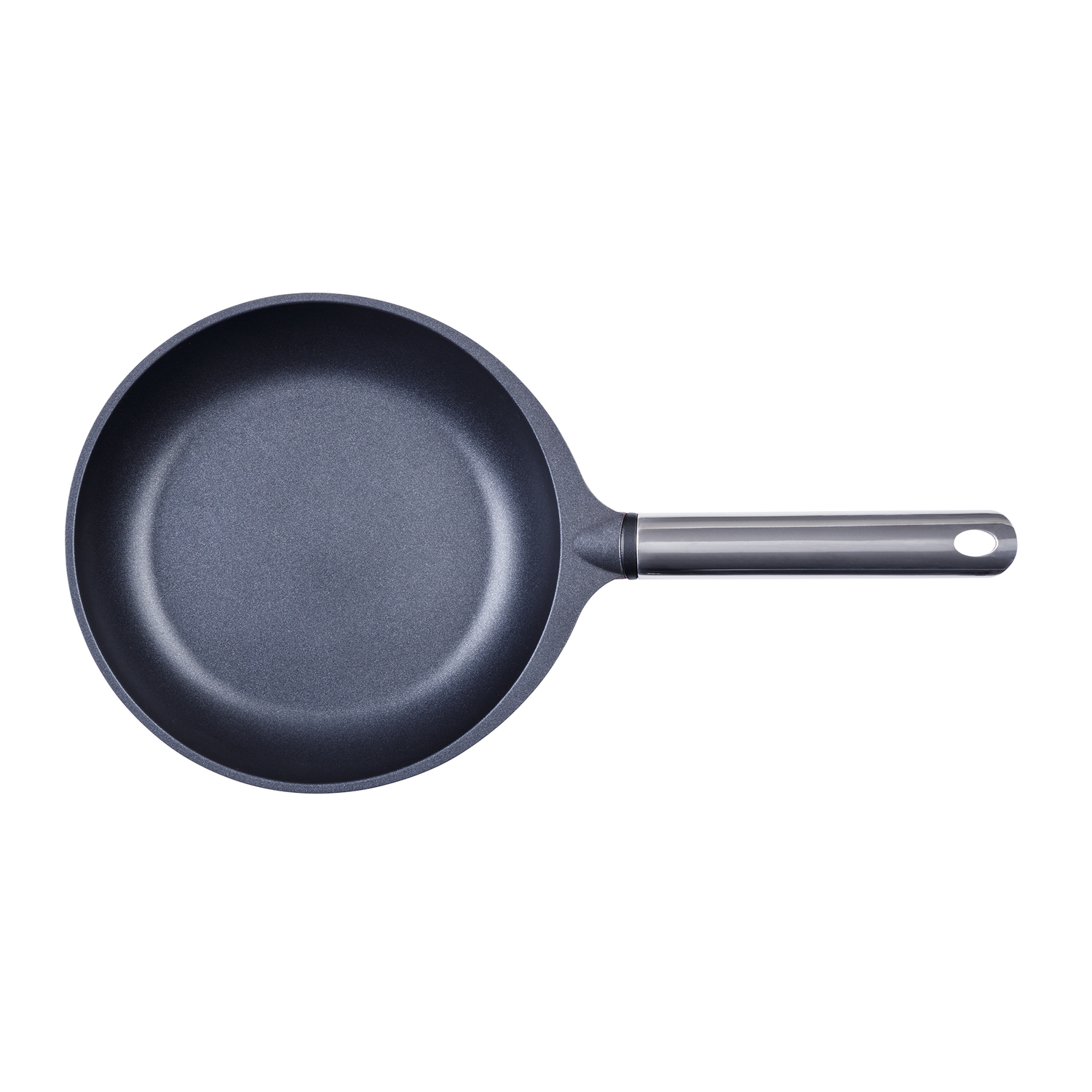 Sartén antiadherente, interior gris oscuro, mango plateado. Diseño simple, perfecto para cocinar.